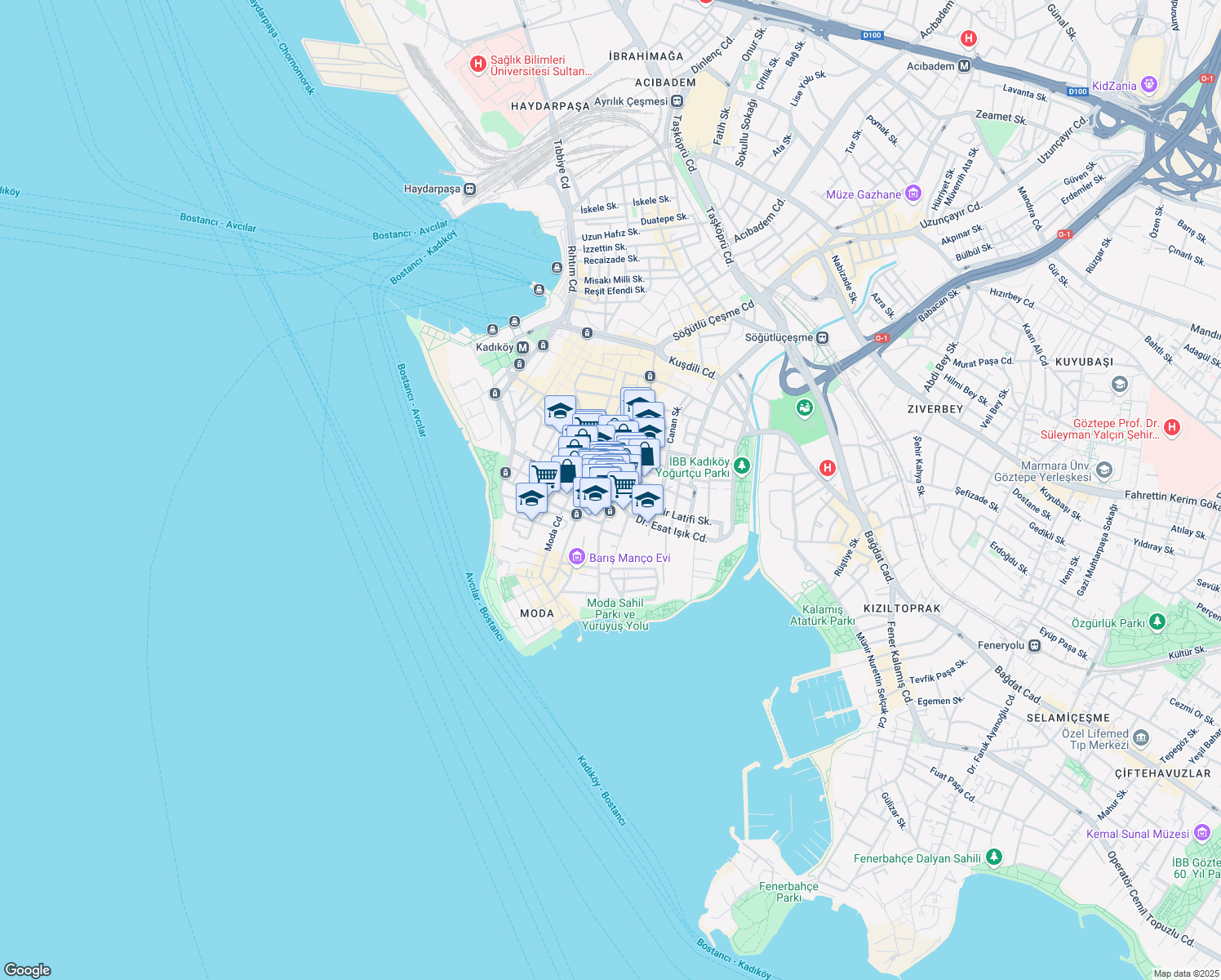 map of restaurants, bars, coffee shops, grocery stores, and more near 34 Doktor Esat Işık Caddesi in Kadıköy