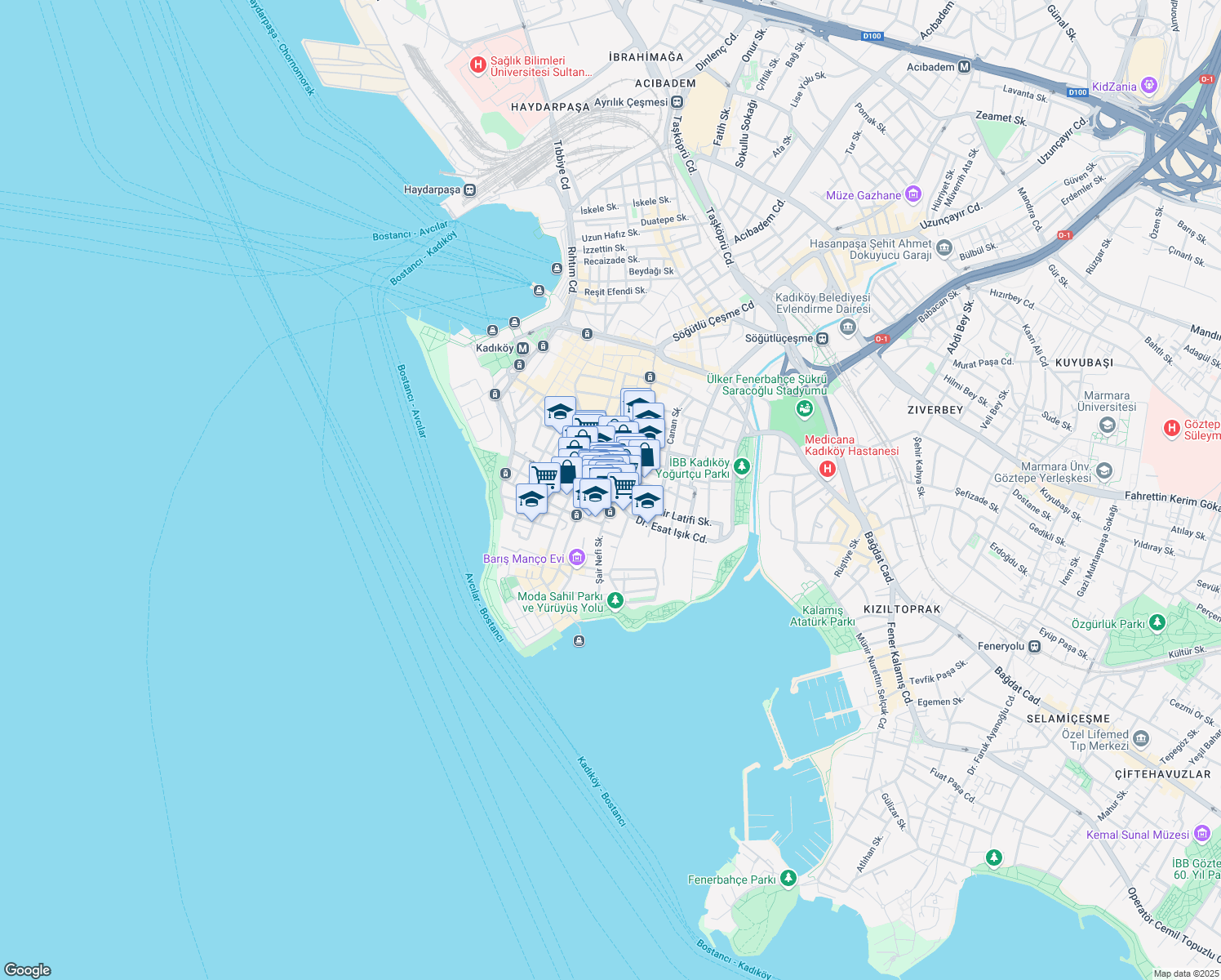 map of restaurants, bars, coffee shops, grocery stores, and more near 34 Doktor Esat Işık Caddesi in Kadıköy