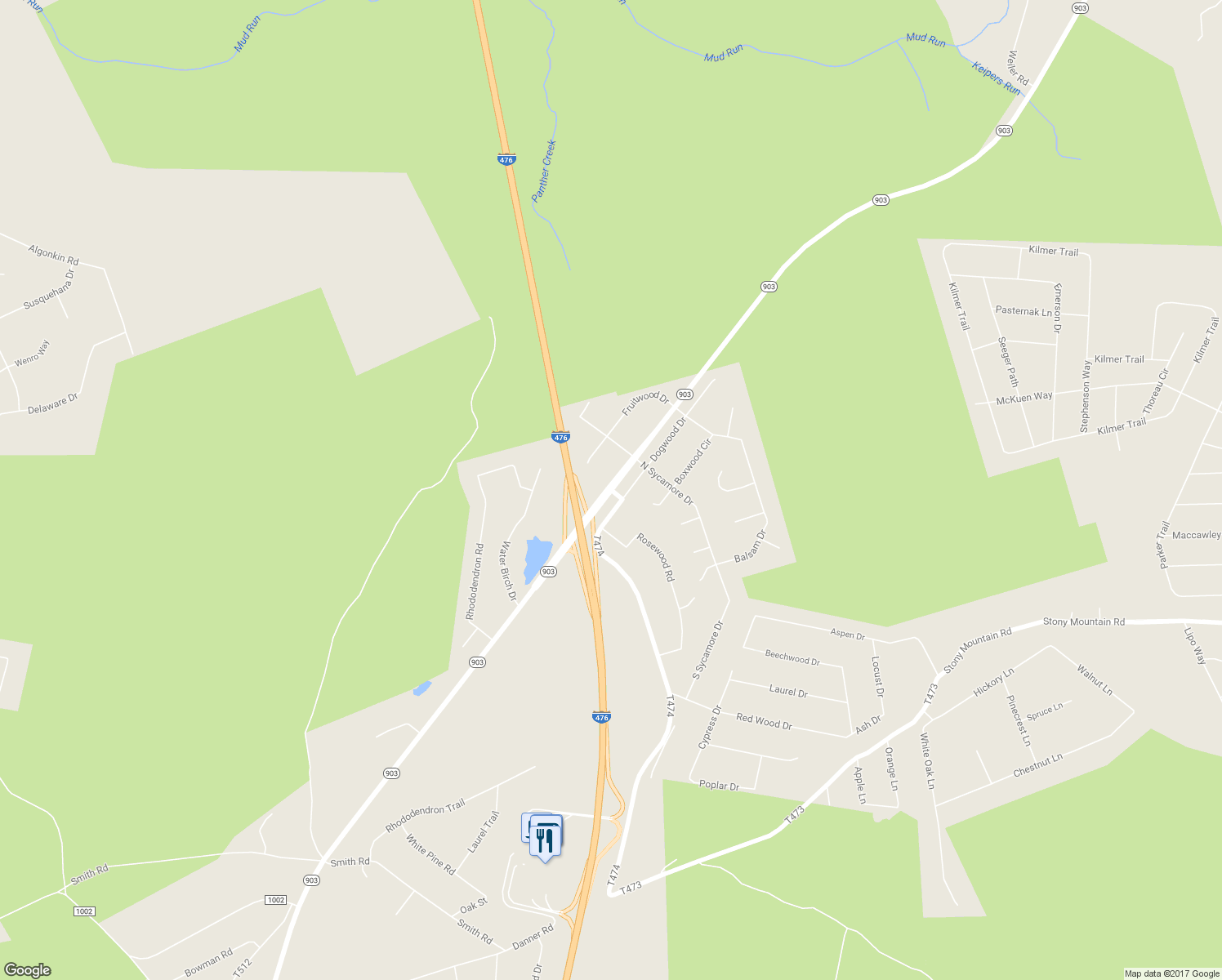 map of restaurants, bars, coffee shops, grocery stores, and more near Stony Mountain Road in Jim Thorpe
