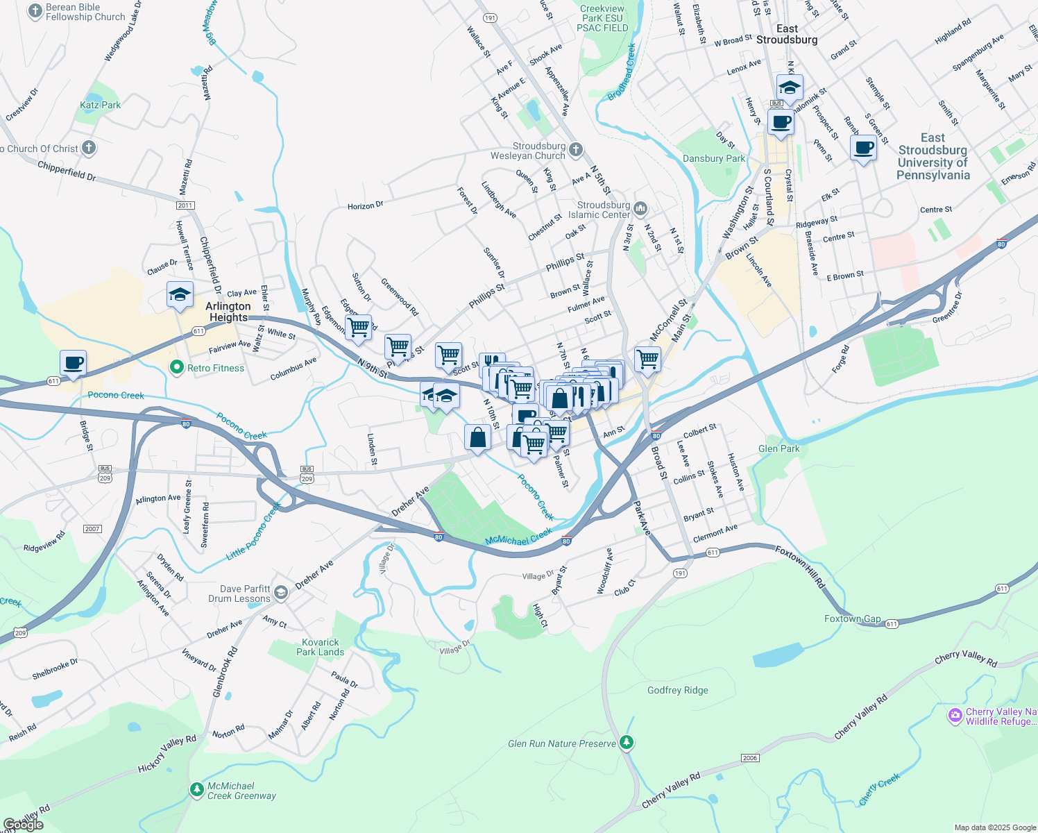 map of restaurants, bars, coffee shops, grocery stores, and more near 21 North 9th Street in Stroudsburg