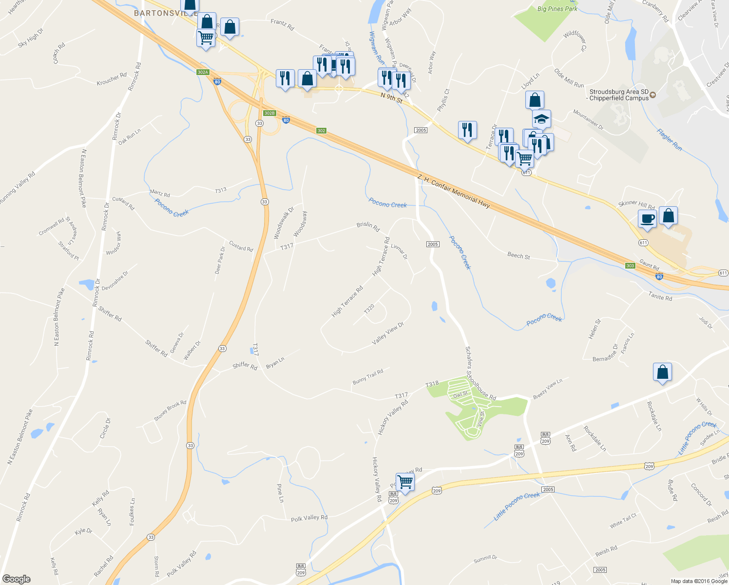 map of restaurants, bars, coffee shops, grocery stores, and more near 5105 High Terrace Road in Stroudsburg