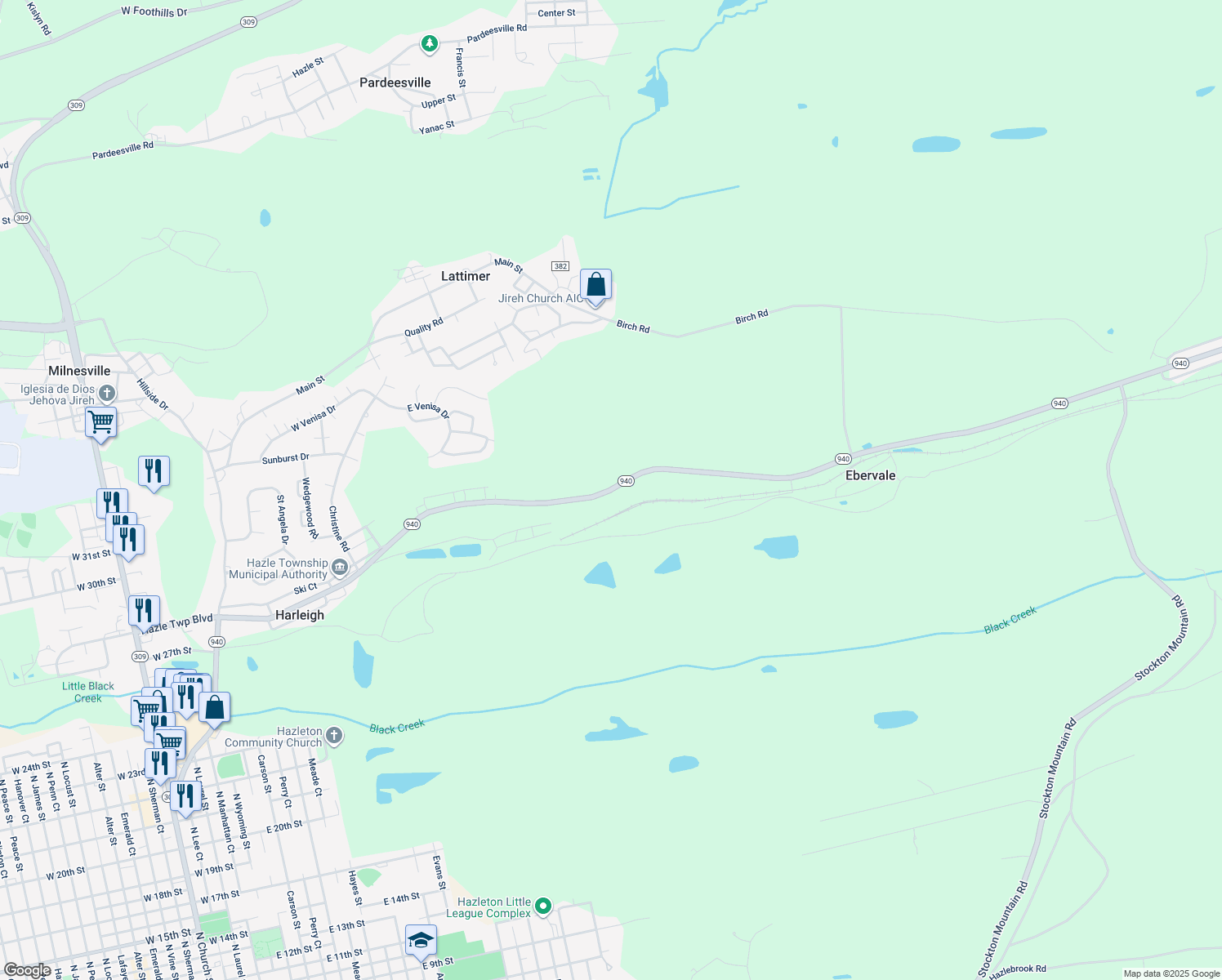 map of restaurants, bars, coffee shops, grocery stores, and more near Main St in Hazleton
