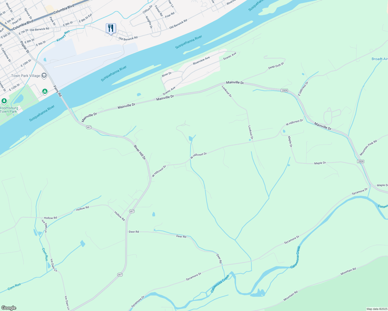 map of restaurants, bars, coffee shops, grocery stores, and more near 146 West Hillcrest Drive in Bloomsburg