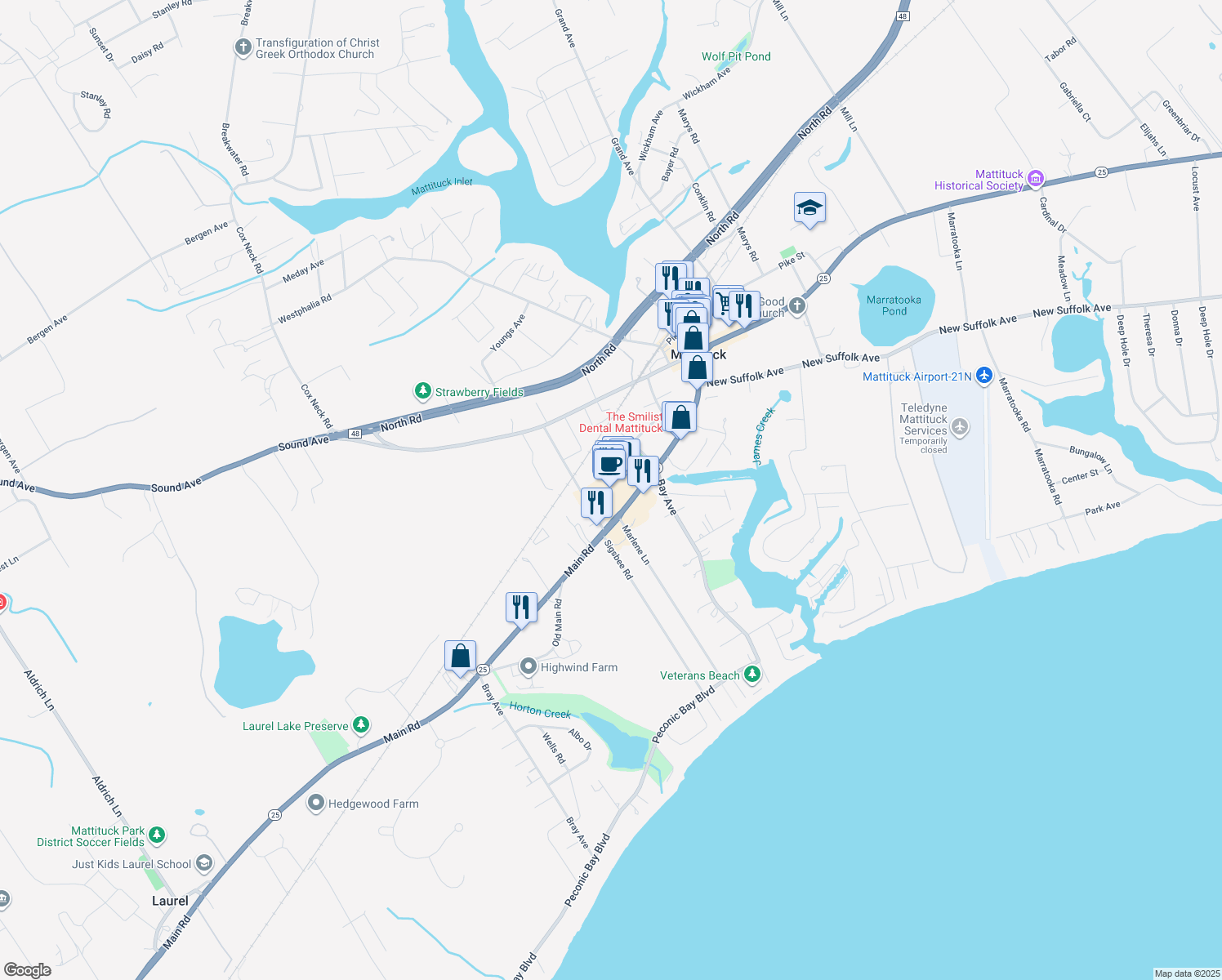 map of restaurants, bars, coffee shops, grocery stores, and more near 10095 New York 25 in Mattituck