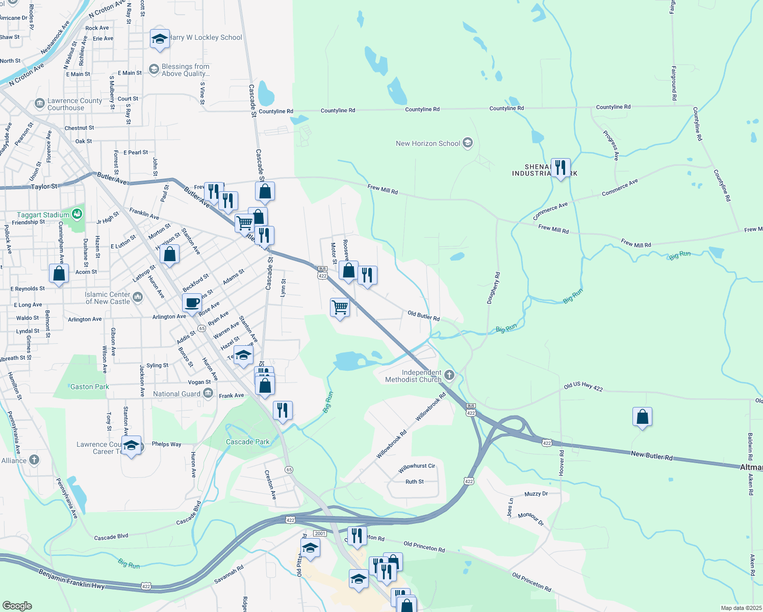 map of restaurants, bars, coffee shops, grocery stores, and more near 1522 Old Butler Rd in New Castle