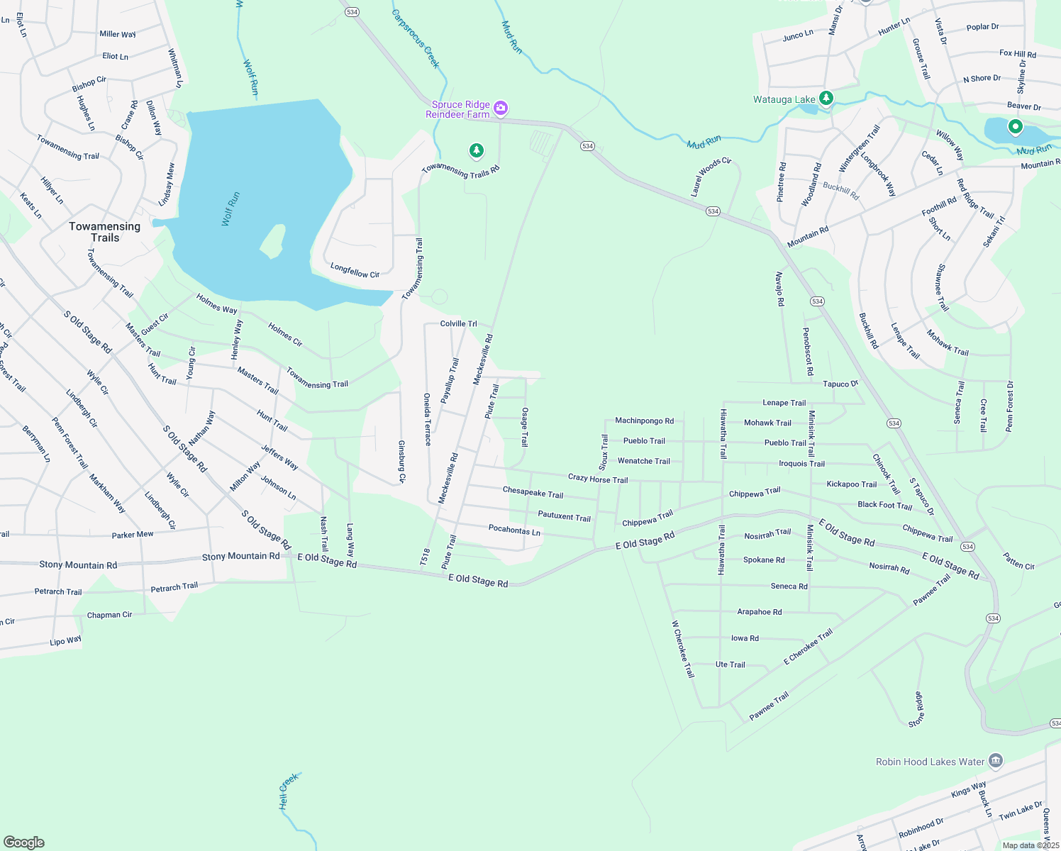 map of restaurants, bars, coffee shops, grocery stores, and more near 32 Osage Trail in Albrightsville