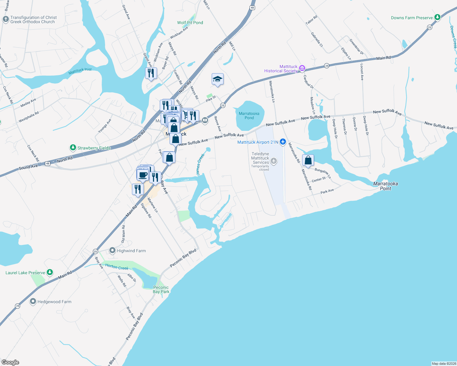 map of restaurants, bars, coffee shops, grocery stores, and more near 1760 Camp Mineola Road in Mattituck