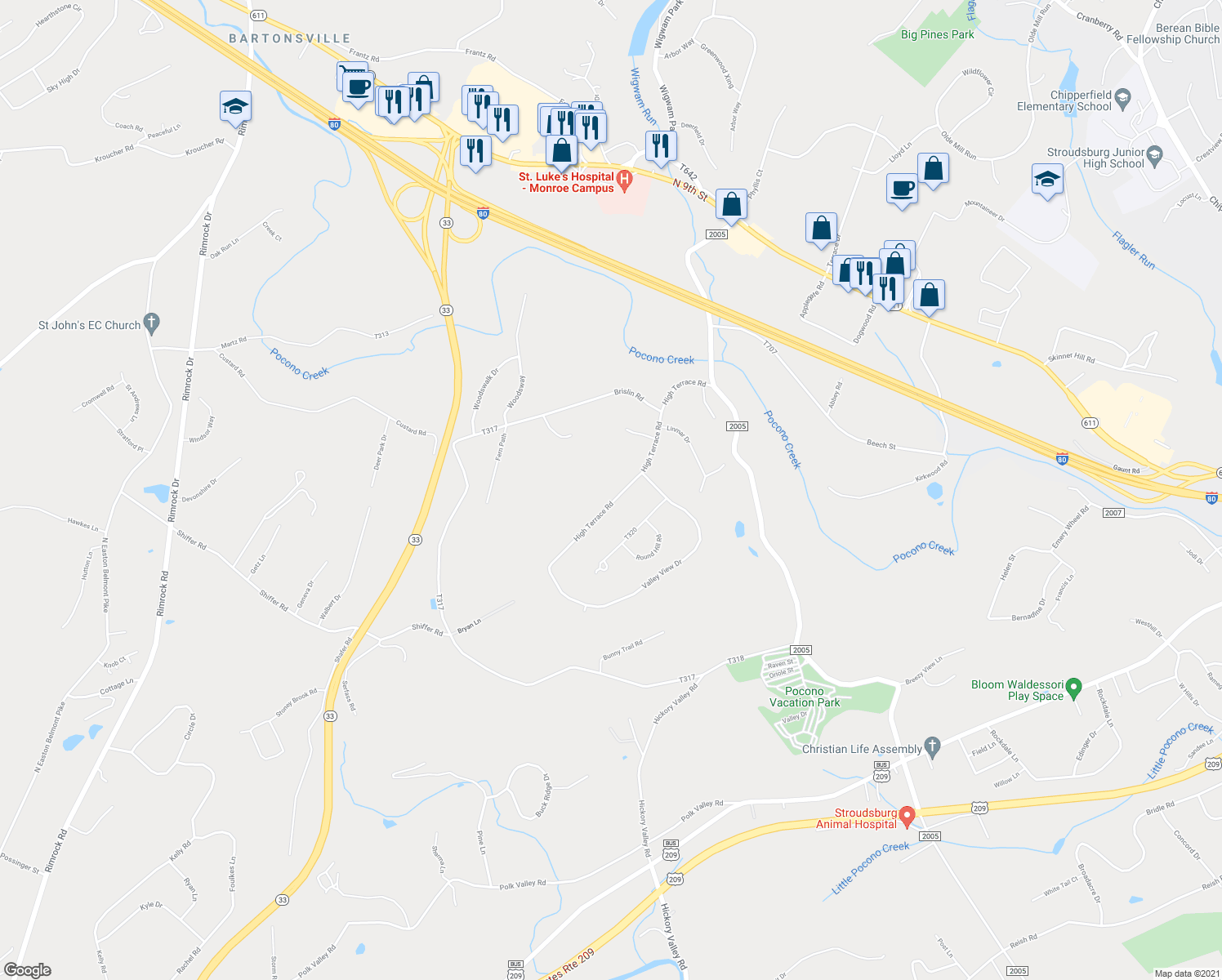 map of restaurants, bars, coffee shops, grocery stores, and more near 5123 T319 in Stroudsburg