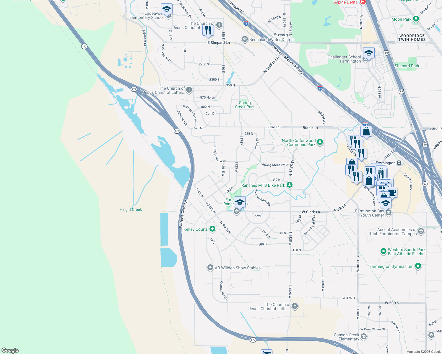 map of restaurants, bars, coffee shops, grocery stores, and more near 2034 West Stampede Drive in Farmington