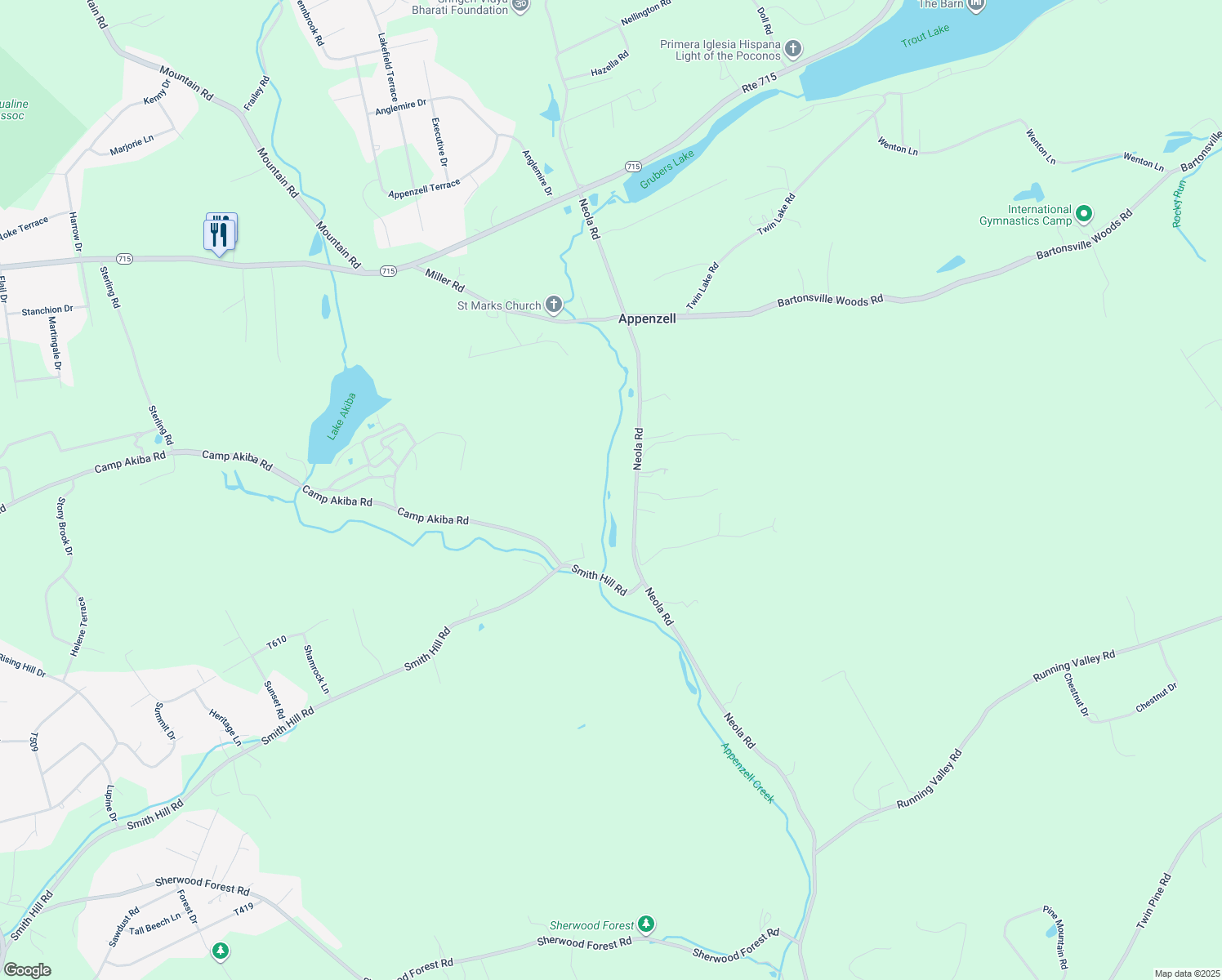 map of restaurants, bars, coffee shops, grocery stores, and more near 6075 Neola Road in Stroudsburg