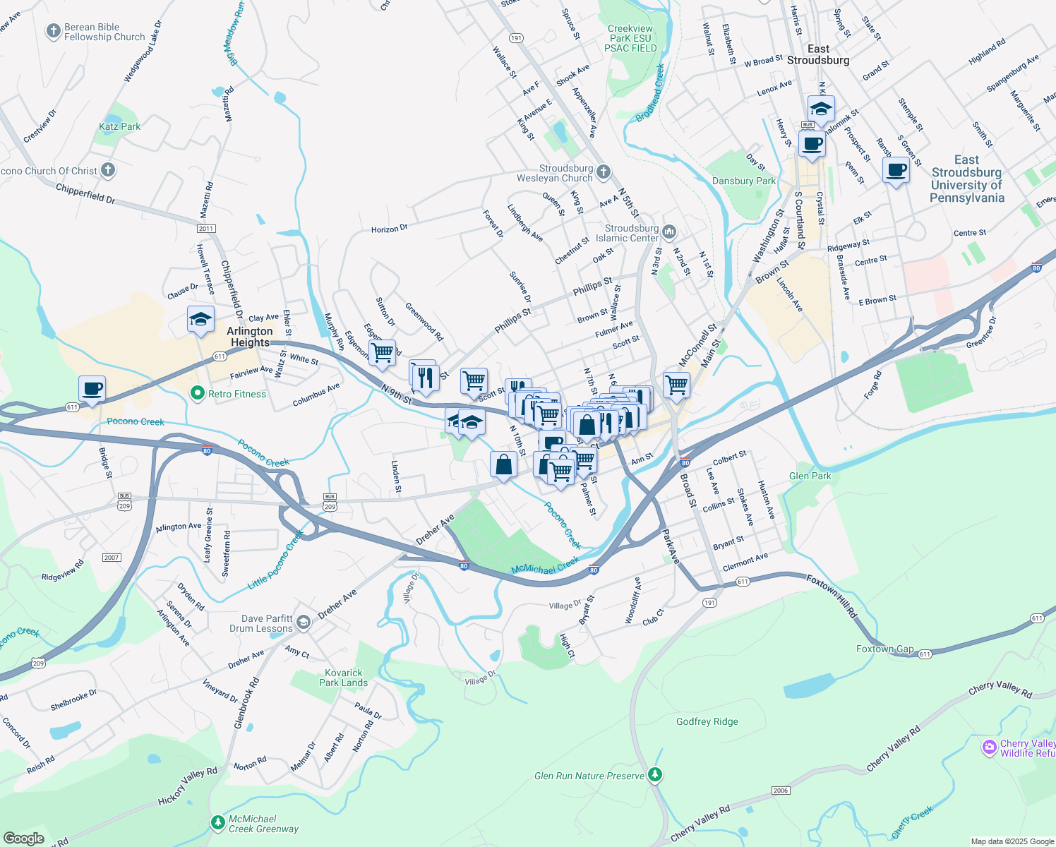 map of restaurants, bars, coffee shops, grocery stores, and more near 115 North 9th Street in Stroudsburg