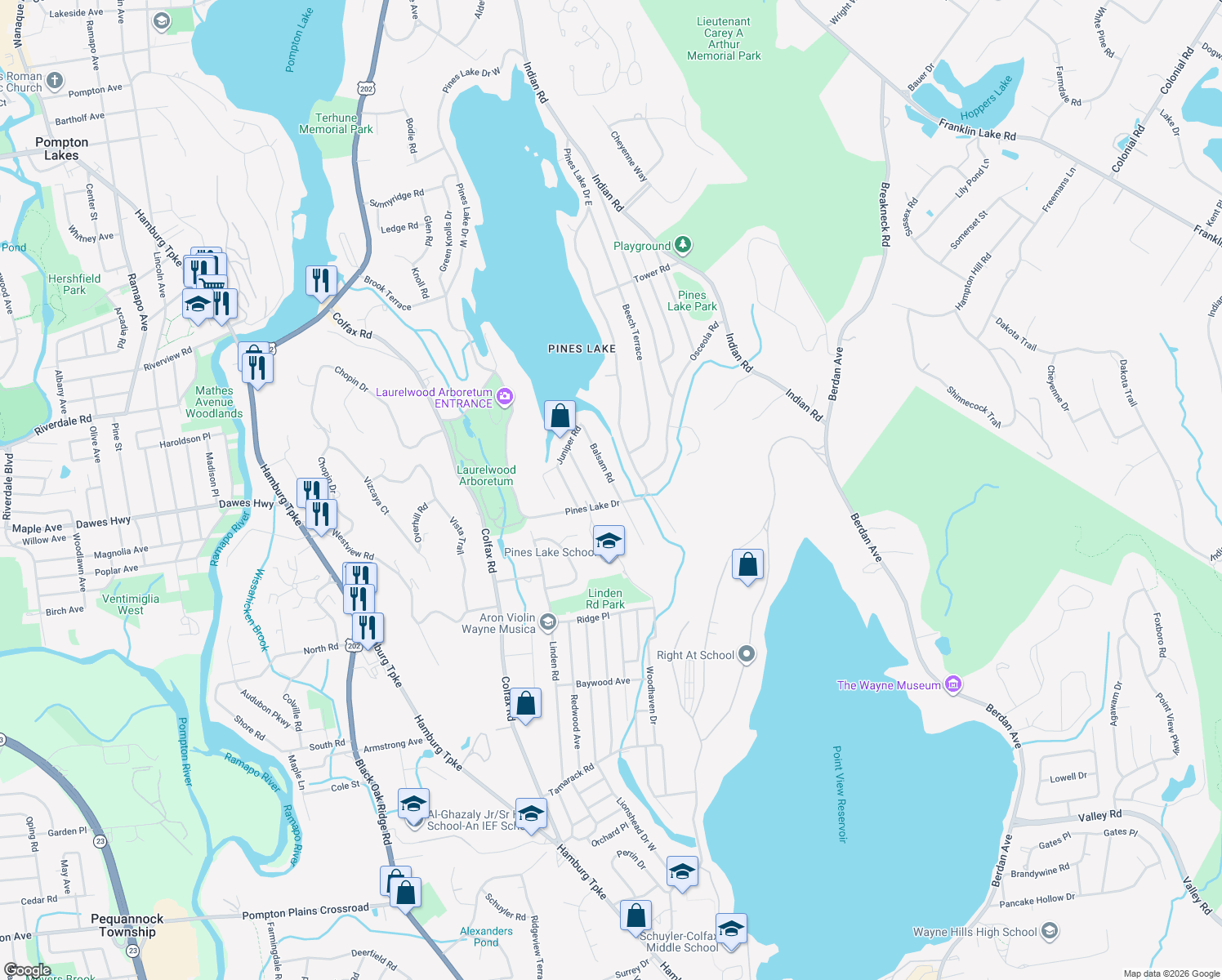 map of restaurants, bars, coffee shops, grocery stores, and more near 94 Balsam Road in Wayne