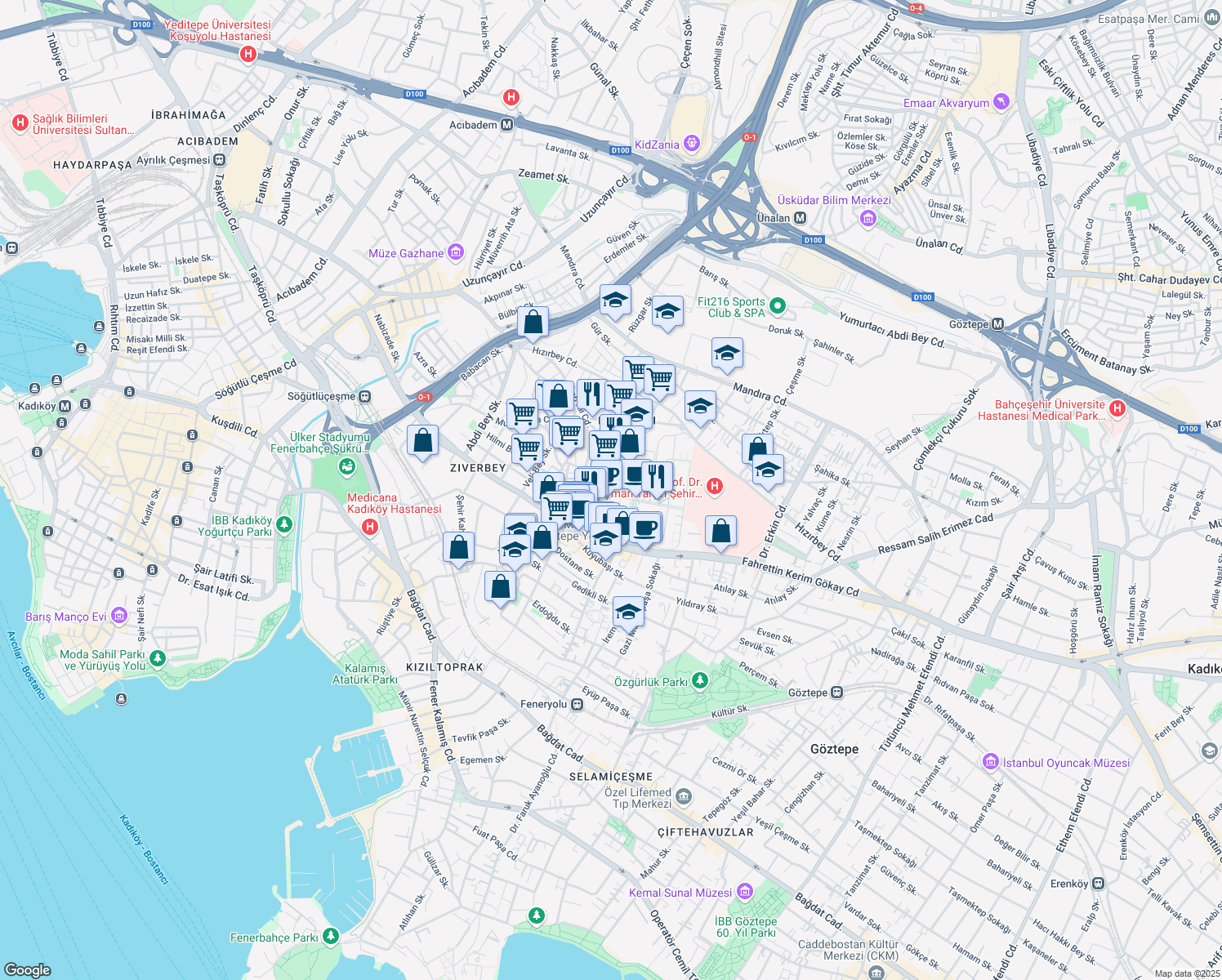 map of restaurants, bars, coffee shops, grocery stores, and more near 34 Sarayönü Caddesi in Kadıköy