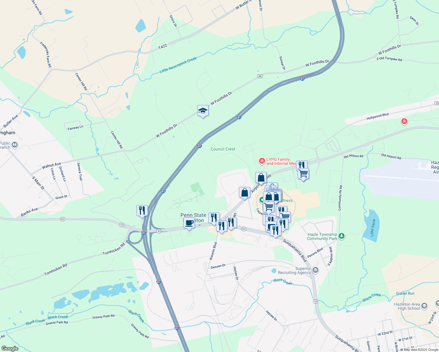 map of restaurants, bars, coffee shops, grocery stores, and more near 79 Colony Drive in Hazleton