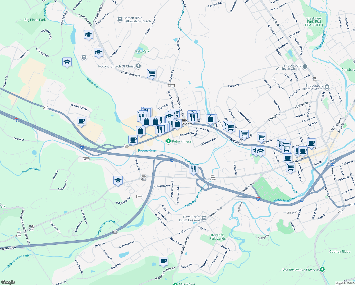 map of restaurants, bars, coffee shops, grocery stores, and more near 1064 Fritz Avenue in Stroudsburg