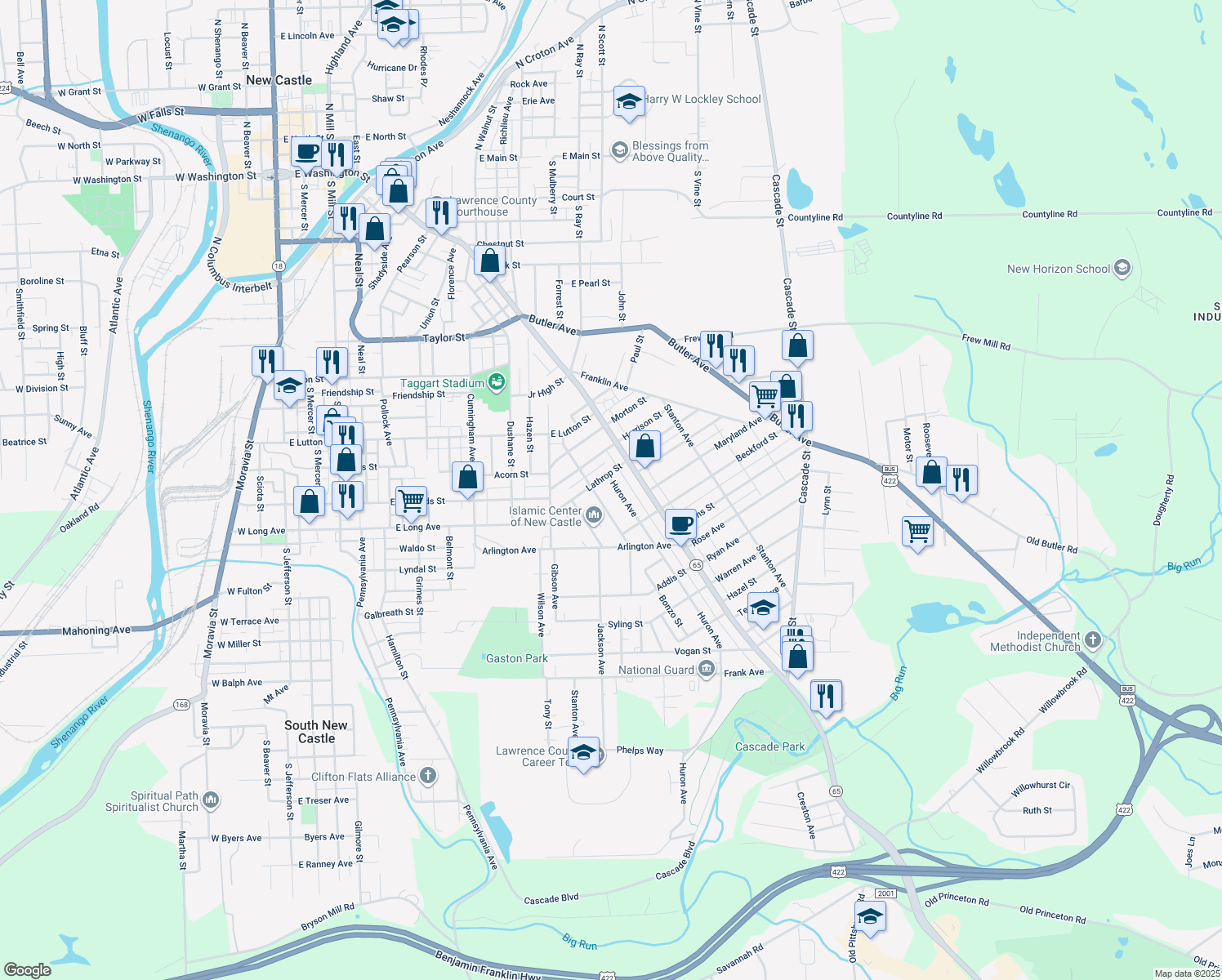 map of restaurants, bars, coffee shops, grocery stores, and more near 1210 Huron Avenue in New Castle