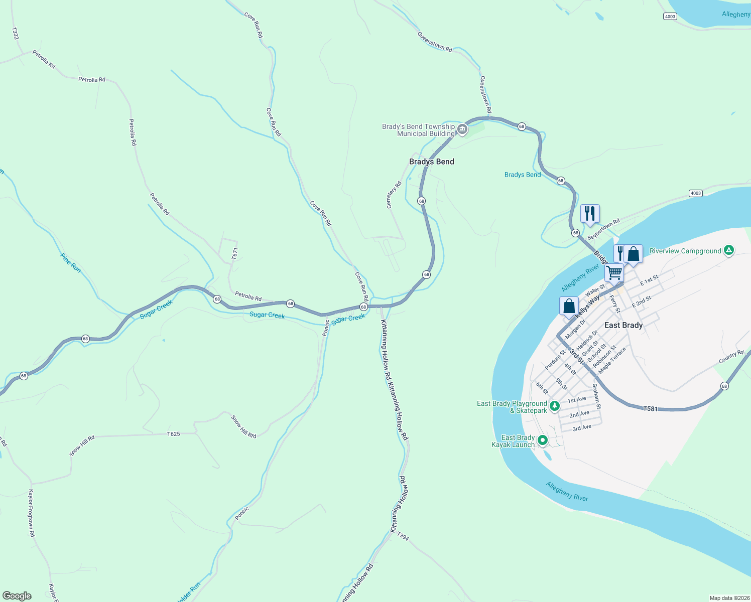 map of restaurants, bars, coffee shops, grocery stores, and more near 795 Pennsylvania 68 in East Brady