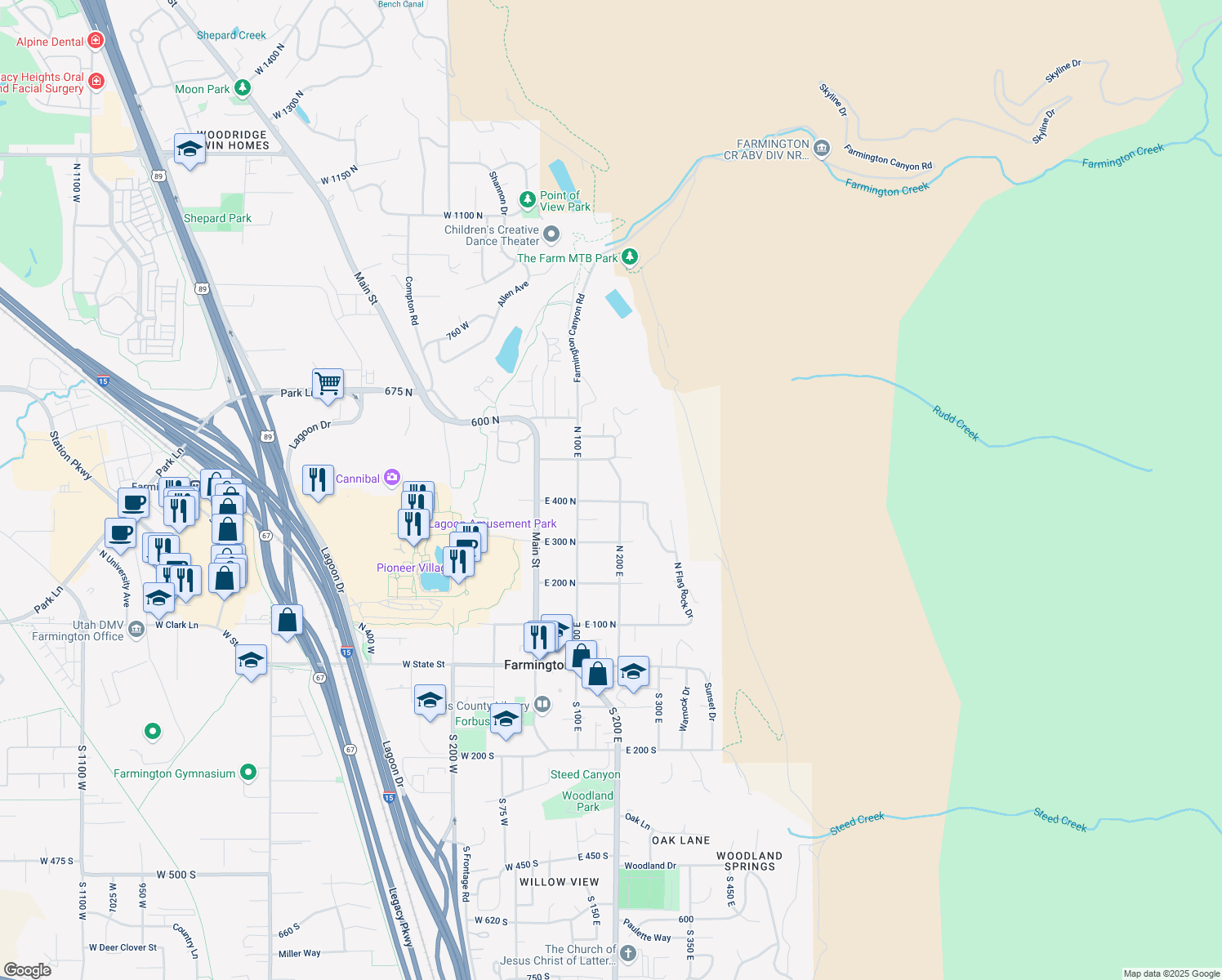 map of restaurants, bars, coffee shops, grocery stores, and more near 435 N 200 E in Farmington
