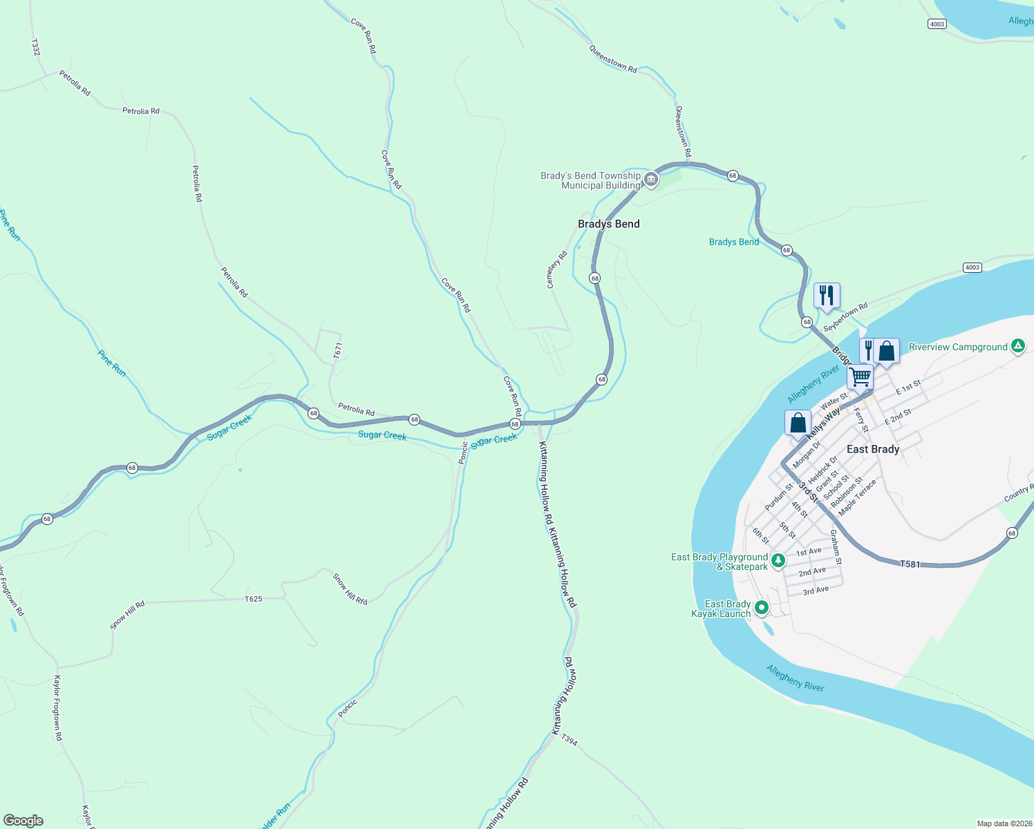 map of restaurants, bars, coffee shops, grocery stores, and more near 795 Pennsylvania 68 in East Brady