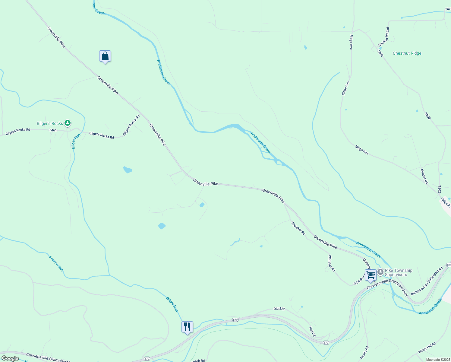 map of restaurants, bars, coffee shops, grocery stores, and more near 1800 Greenville Pike in Grampian