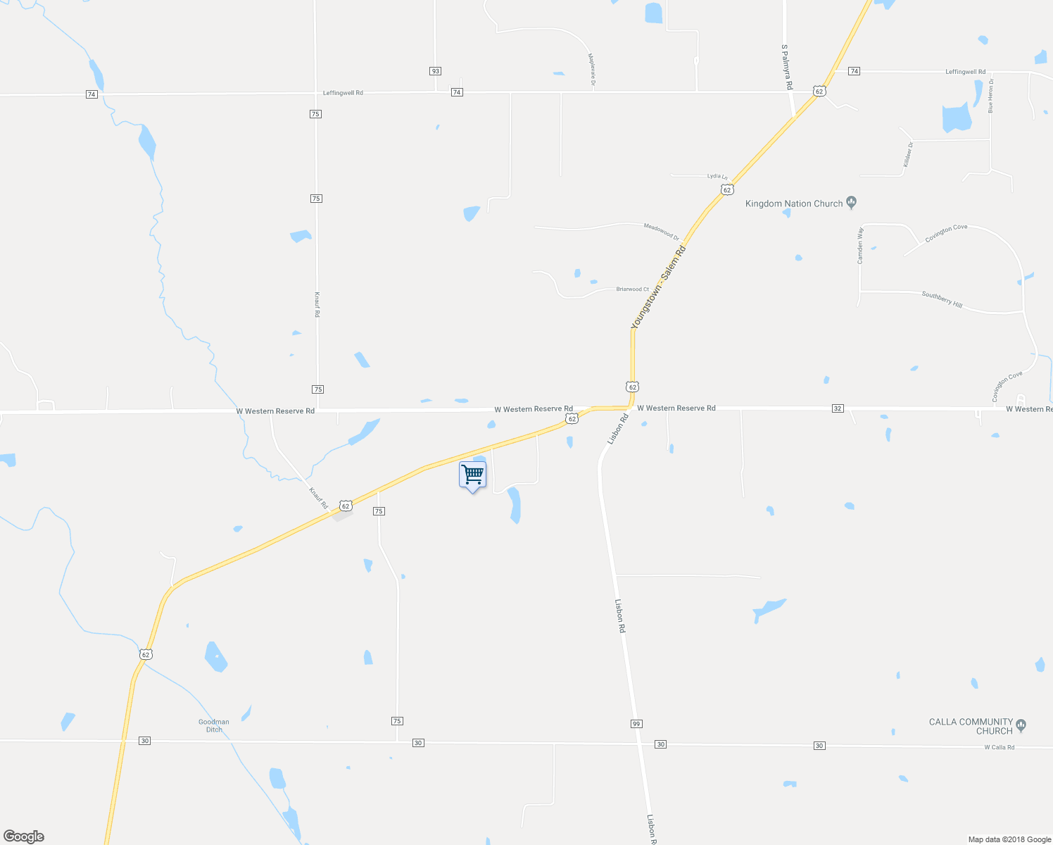 map of restaurants, bars, coffee shops, grocery stores, and more near 8099 West Western Reserve Road in Canfield