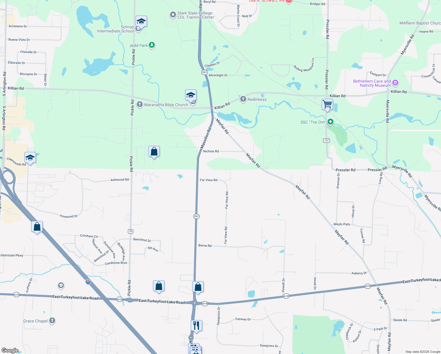 map of restaurants, bars, coffee shops, grocery stores, and more near 1711 Far View Road in Akron