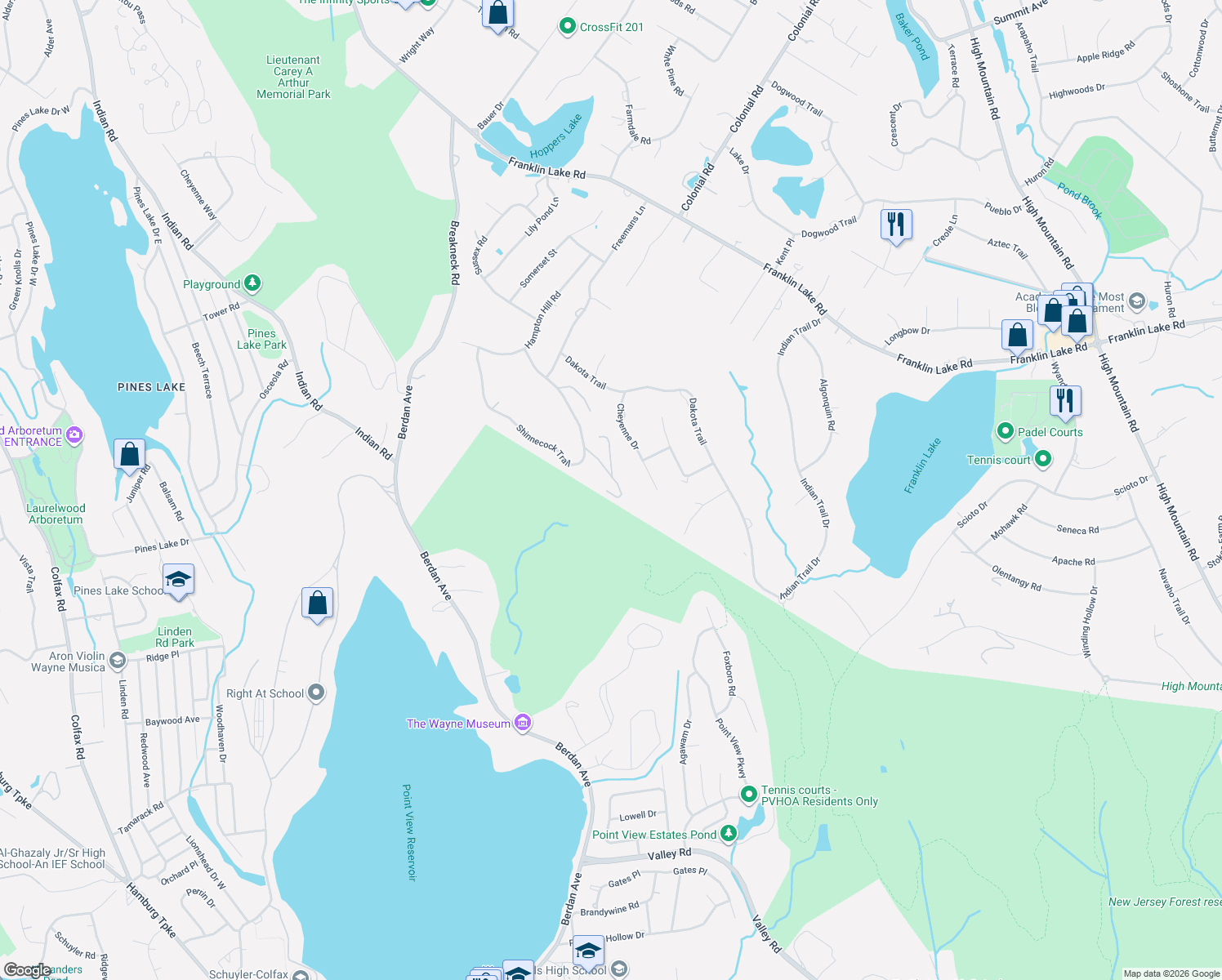 map of restaurants, bars, coffee shops, grocery stores, and more near 4 Penobscott Pl in Franklin Lakes