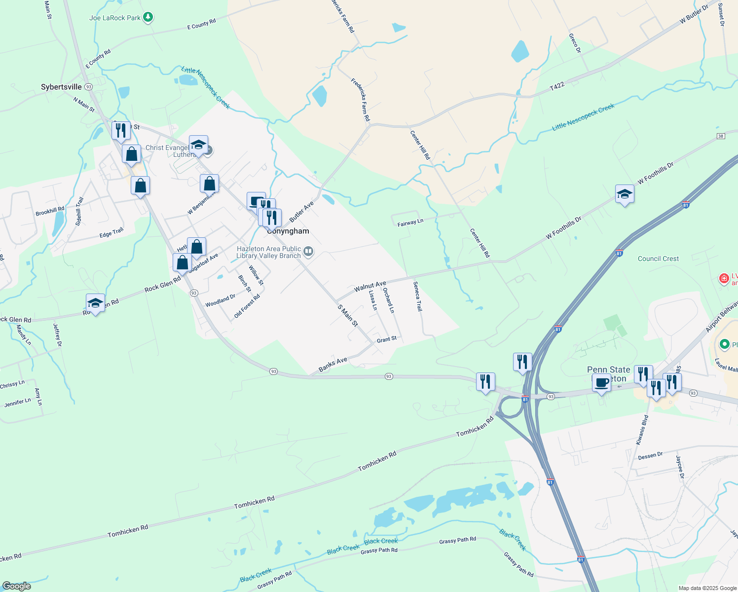 map of restaurants, bars, coffee shops, grocery stores, and more near 59 Walnut Ave in Conyngham