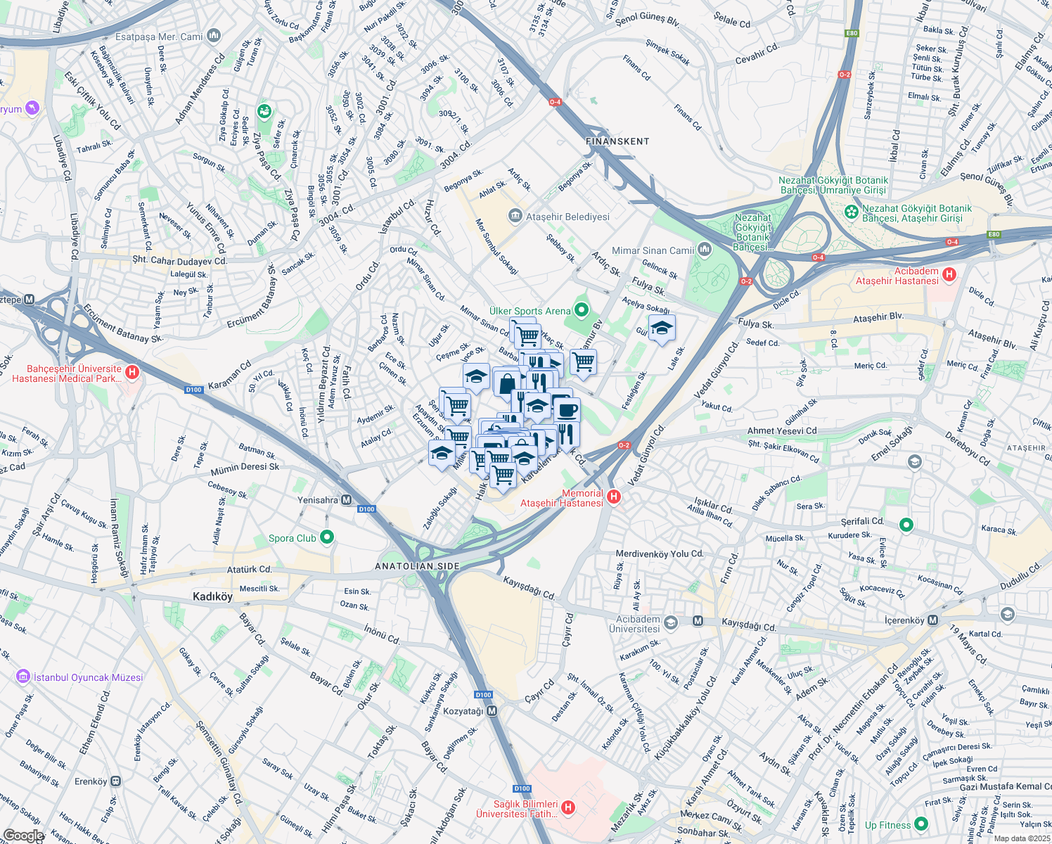 map of restaurants, bars, coffee shops, grocery stores, and more near 194 Halk Caddesi in Ataşehir