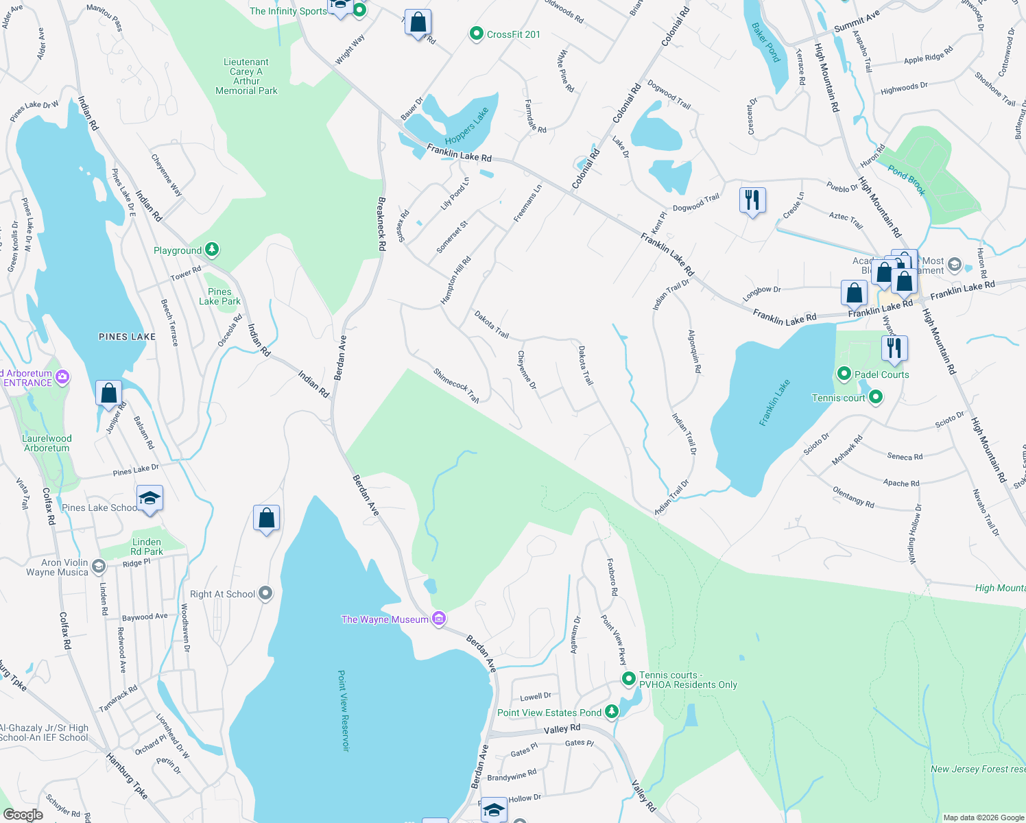 map of restaurants, bars, coffee shops, grocery stores, and more near 4 Penobscott Place in Franklin Lakes