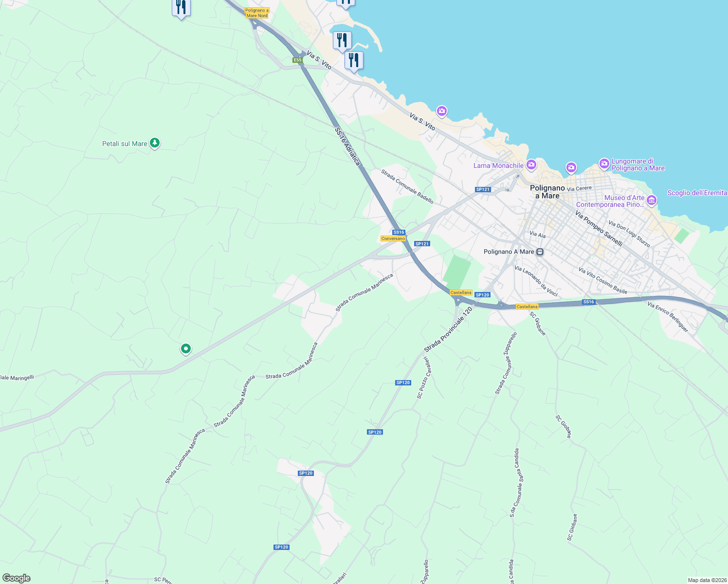 map of restaurants, bars, coffee shops, grocery stores, and more near 561 Strada Comunale Marinesca in Polignano a Mare