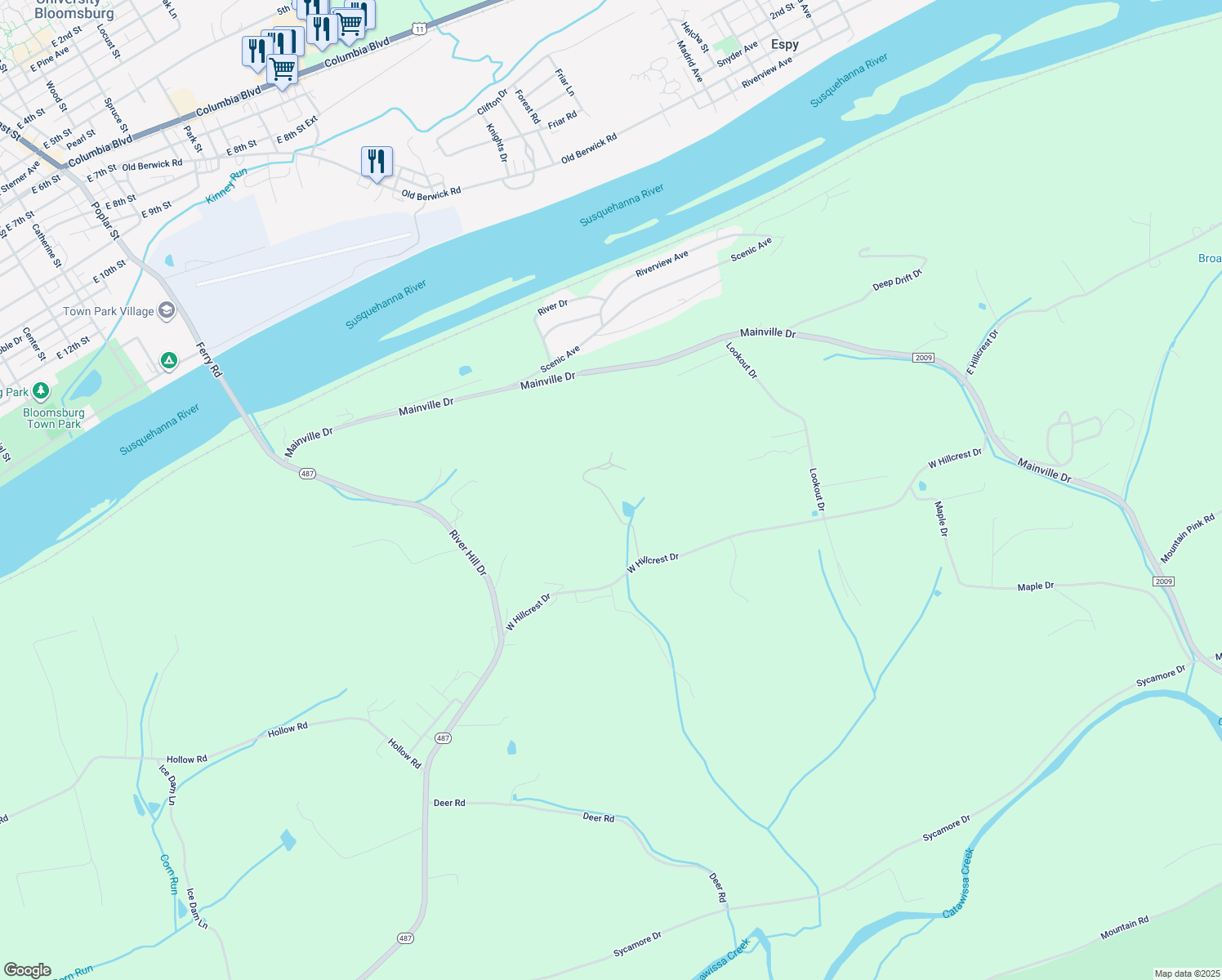 map of restaurants, bars, coffee shops, grocery stores, and more near 97 West Hillcrest Drive in Bloomsburg