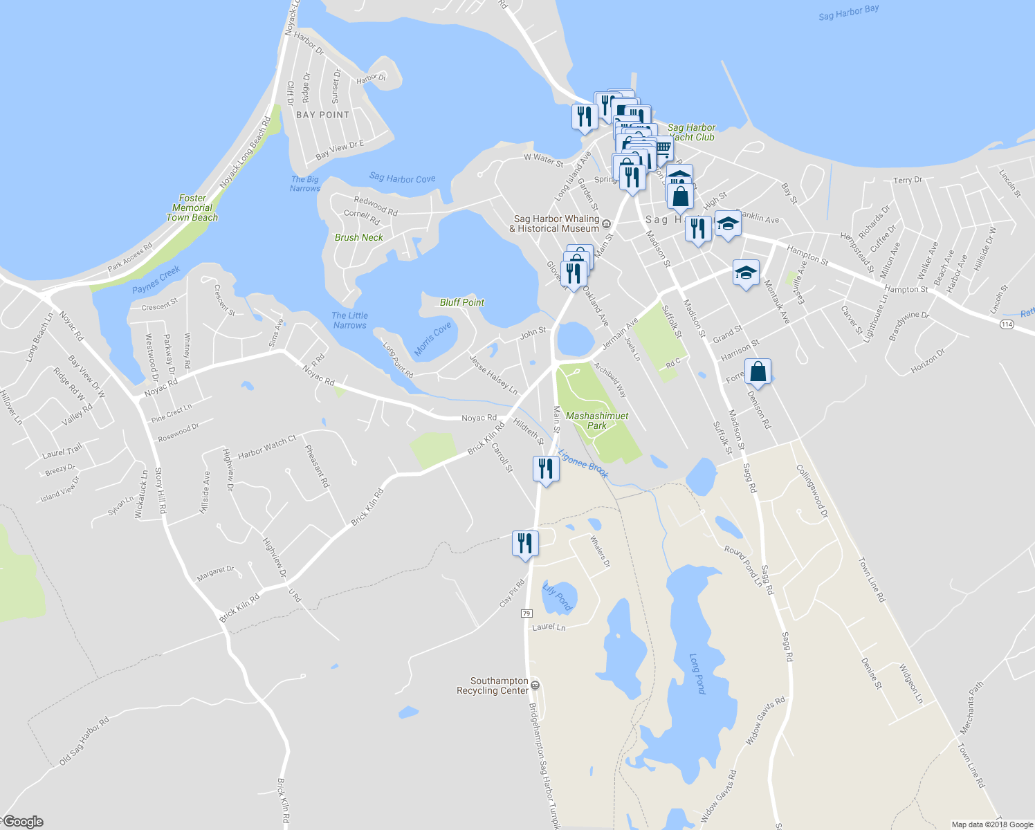 map of restaurants, bars, coffee shops, grocery stores, and more near 7 Hildreth Street in Sag Harbor
