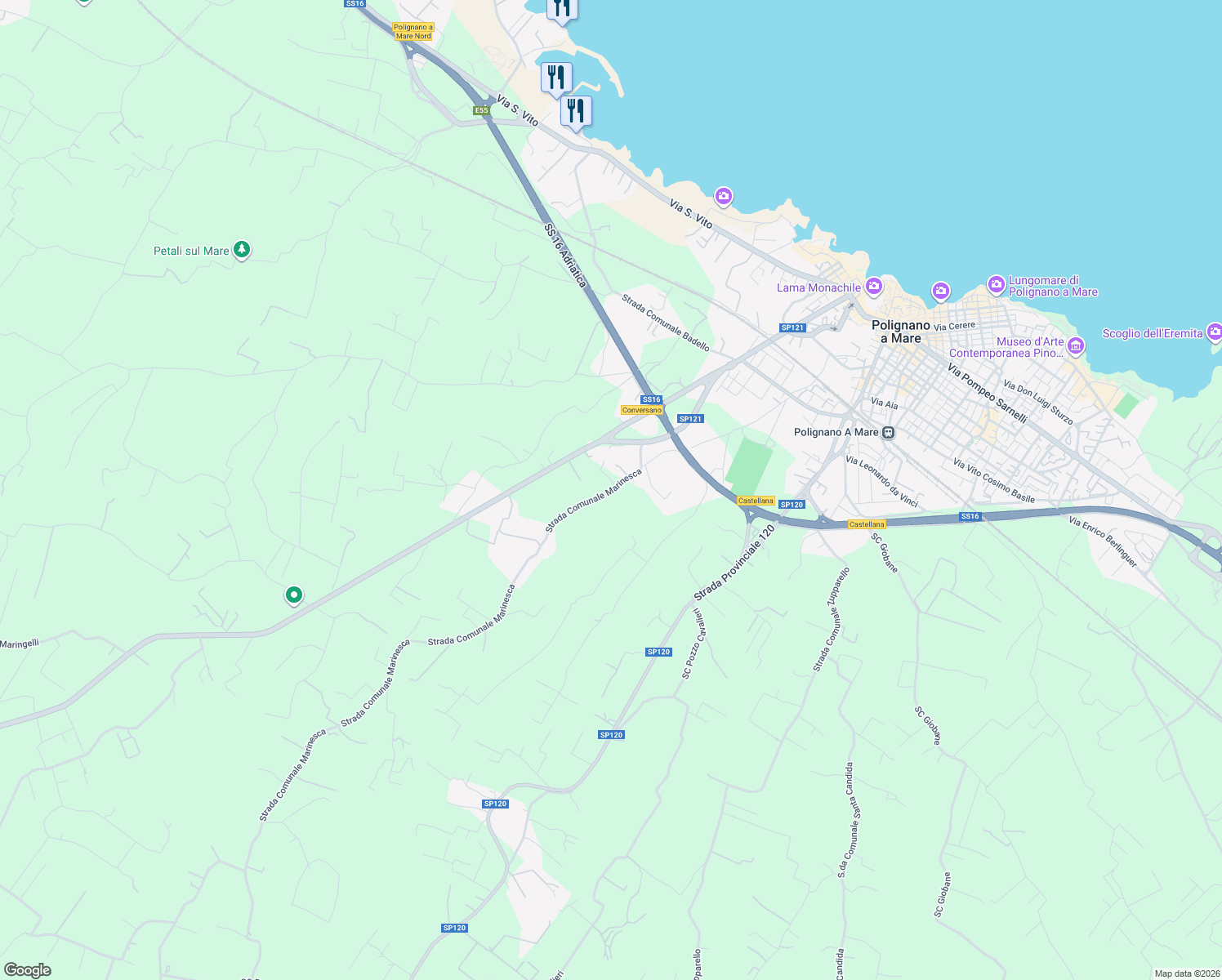 map of restaurants, bars, coffee shops, grocery stores, and more near 561 Strada Comunale Marinesca in Polignano a Mare