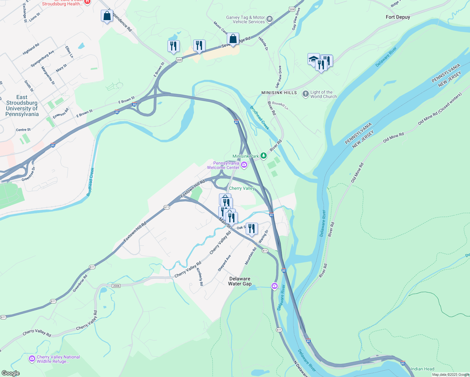 map of restaurants, bars, coffee shops, grocery stores, and more near 101 Broad Street in Stroudsburg