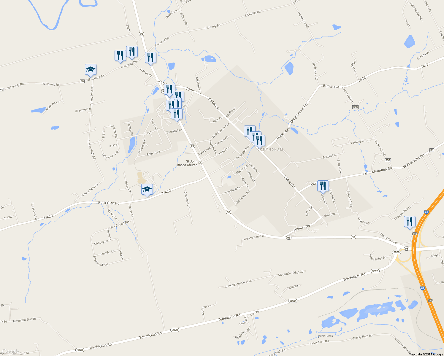 map of restaurants, bars, coffee shops, grocery stores, and more near 8 Hidden Creek Ct in Conyngham