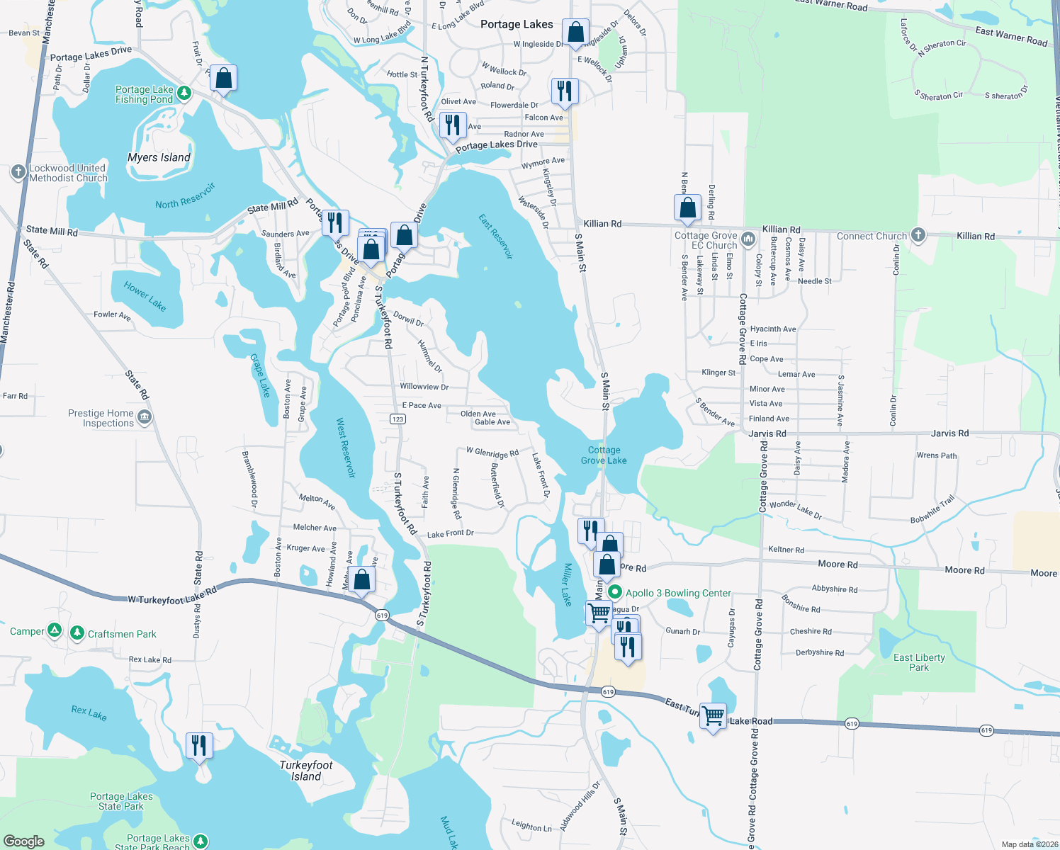 map of restaurants, bars, coffee shops, grocery stores, and more near 9 Lake Front Dr in Akron