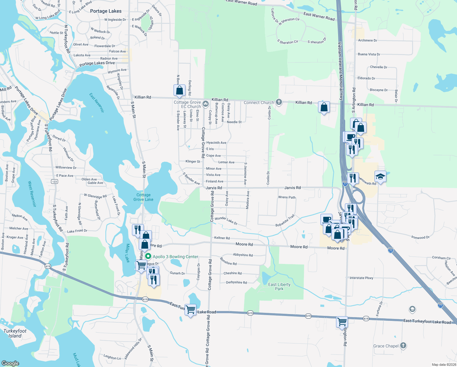 map of restaurants, bars, coffee shops, grocery stores, and more near 3383 Daisy Ave in Akron