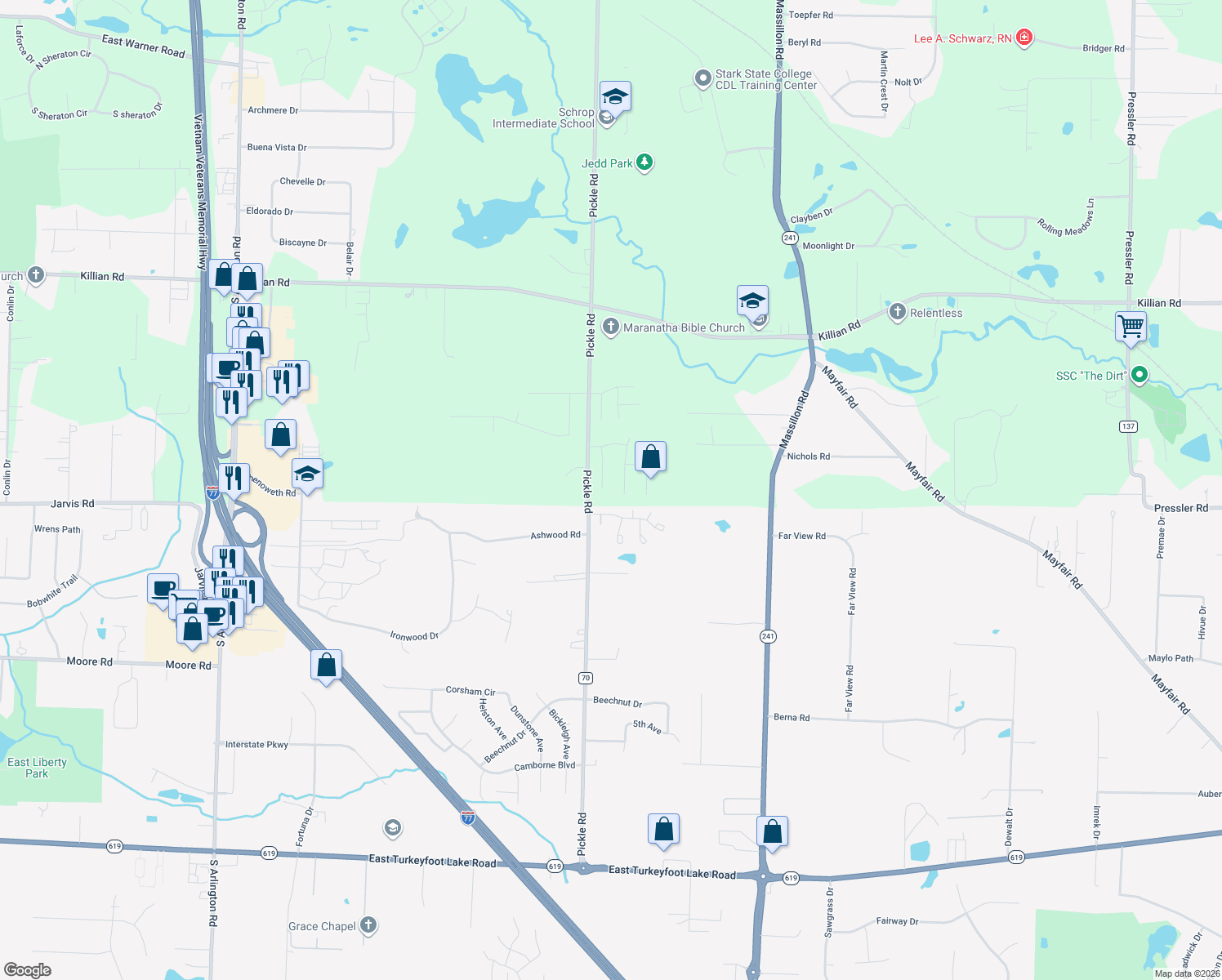 map of restaurants, bars, coffee shops, grocery stores, and more near 2743 Riverbed Ln in Akron