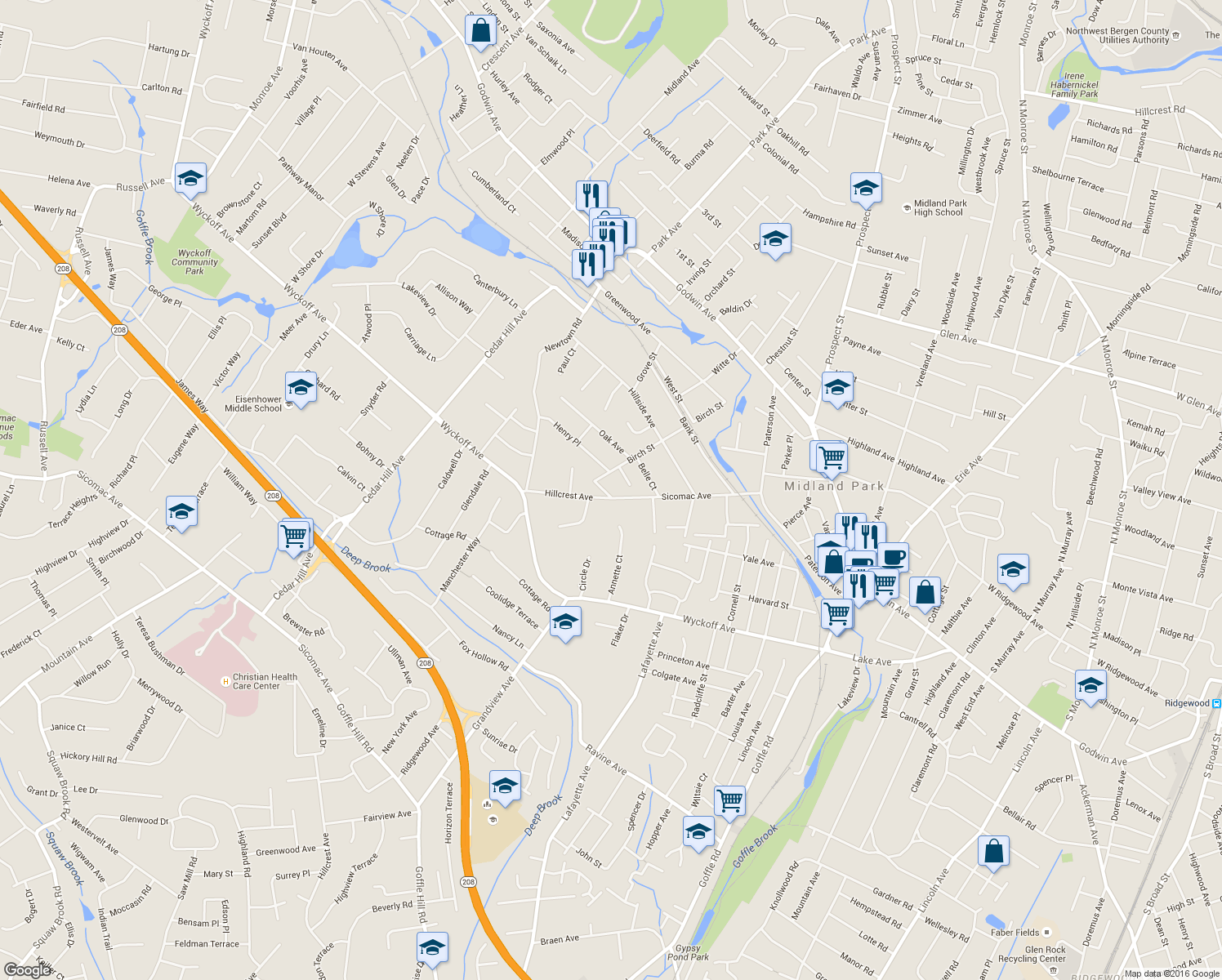 map of restaurants, bars, coffee shops, grocery stores, and more near 12 Short Street in Midland Park