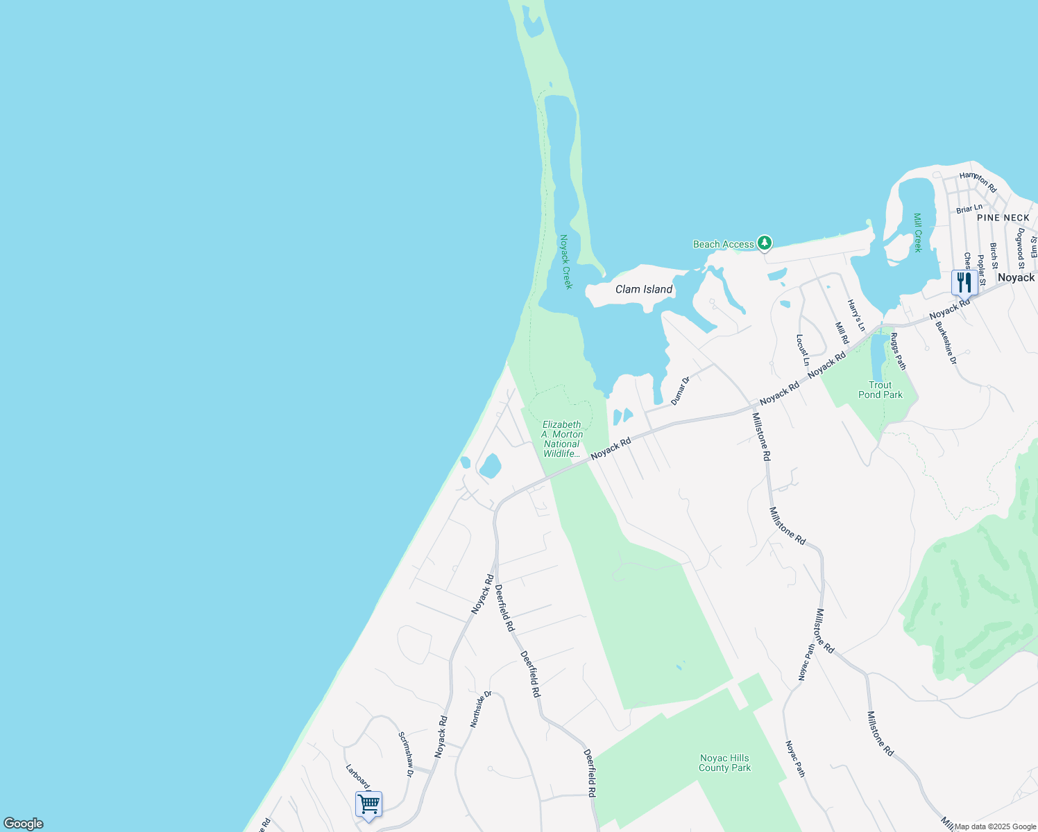 map of restaurants, bars, coffee shops, grocery stores, and more near 18 Park Avenue in Sag Harbor