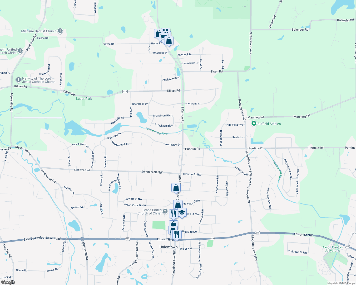map of restaurants, bars, coffee shops, grocery stores, and more near 3177 Northview Drive in Uniontown