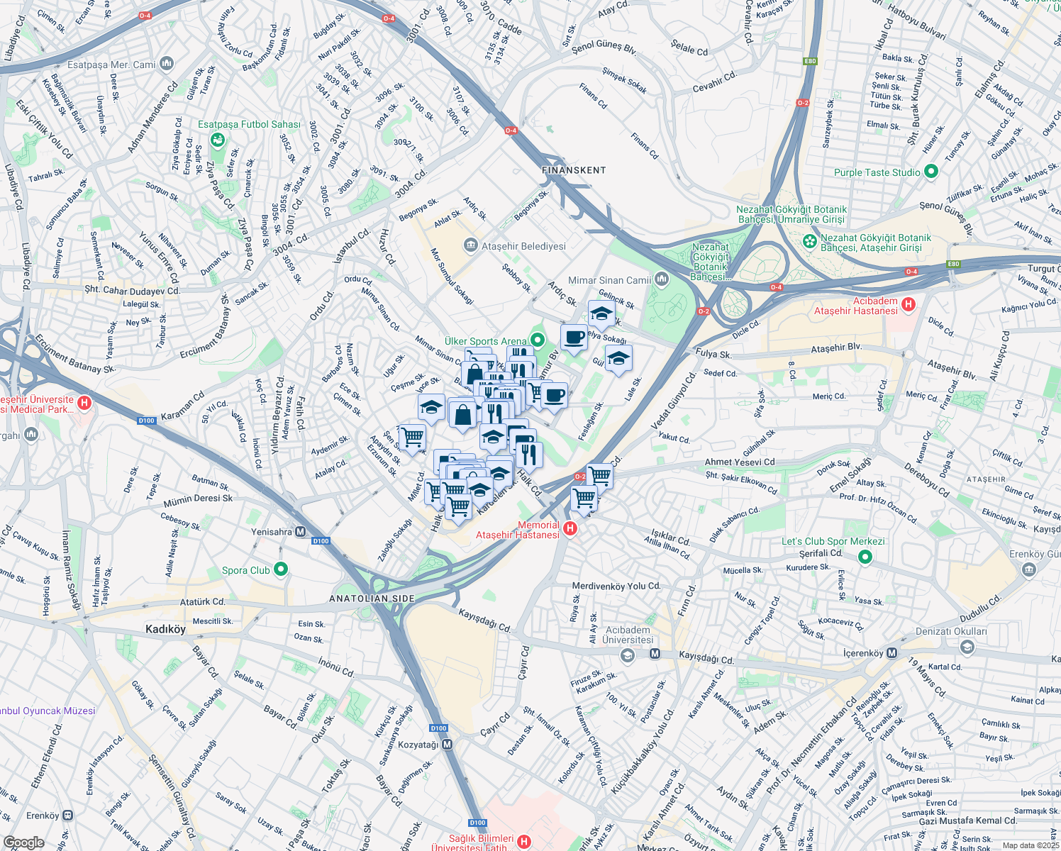 map of restaurants, bars, coffee shops, grocery stores, and more near 2F Ihlamur Bulvari in Ataşehir