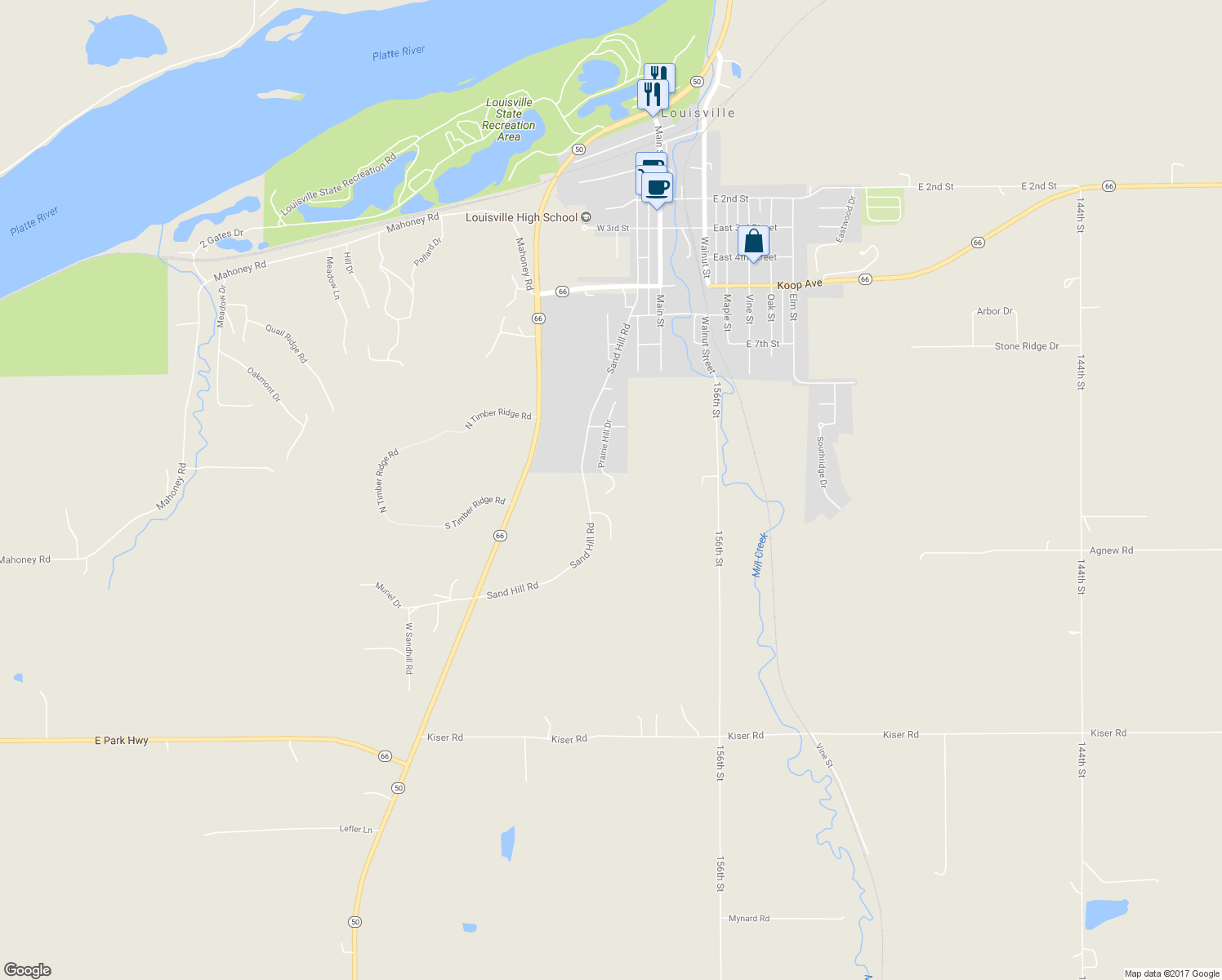 map of restaurants, bars, coffee shops, grocery stores, and more near 1175 Prairie Hill Drive in Louisville