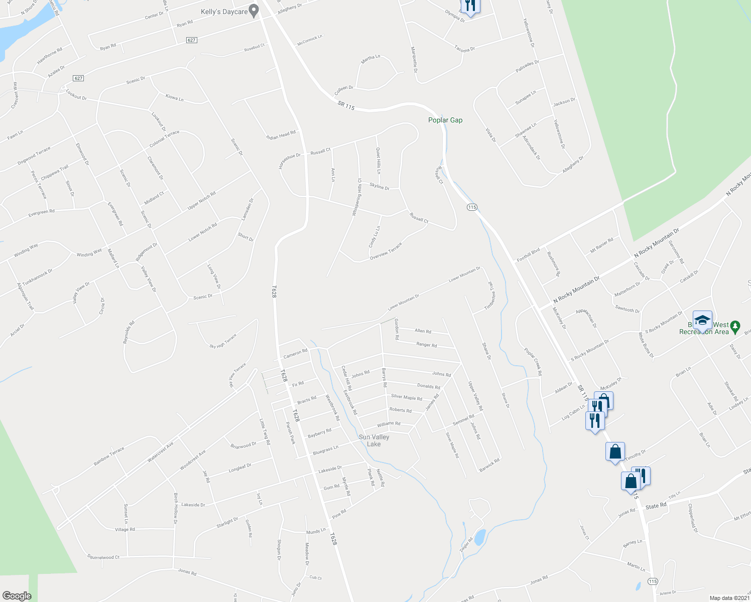 map of restaurants, bars, coffee shops, grocery stores, and more near 343 Lower Mountain Drive in Effort
