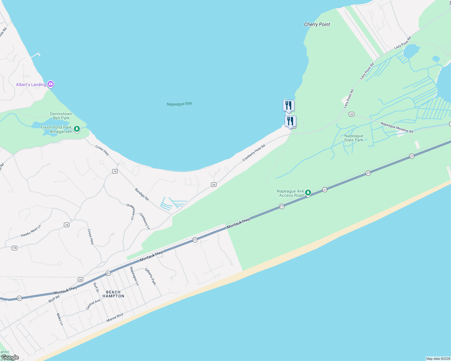 map of restaurants, bars, coffee shops, grocery stores, and more near 278 Cranberry Hole Road in Amagansett