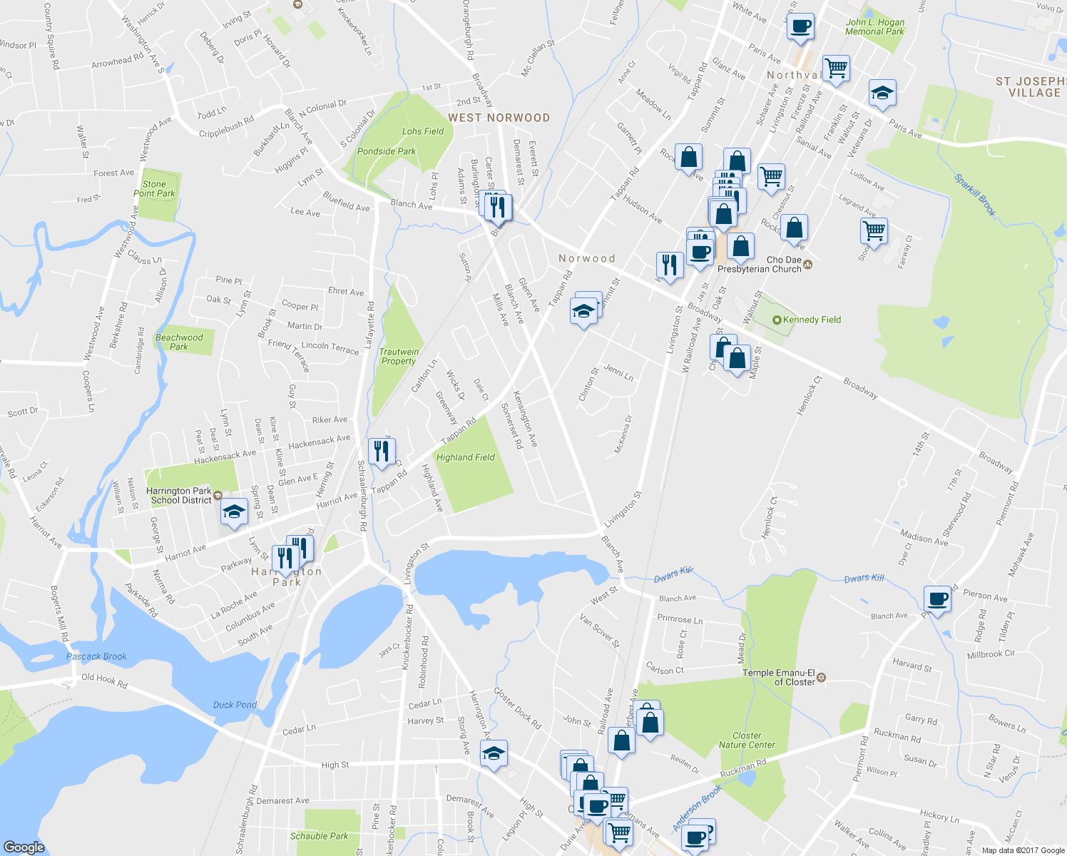 map of restaurants, bars, coffee shops, grocery stores, and more near 107 Kensington Avenue in Norwood