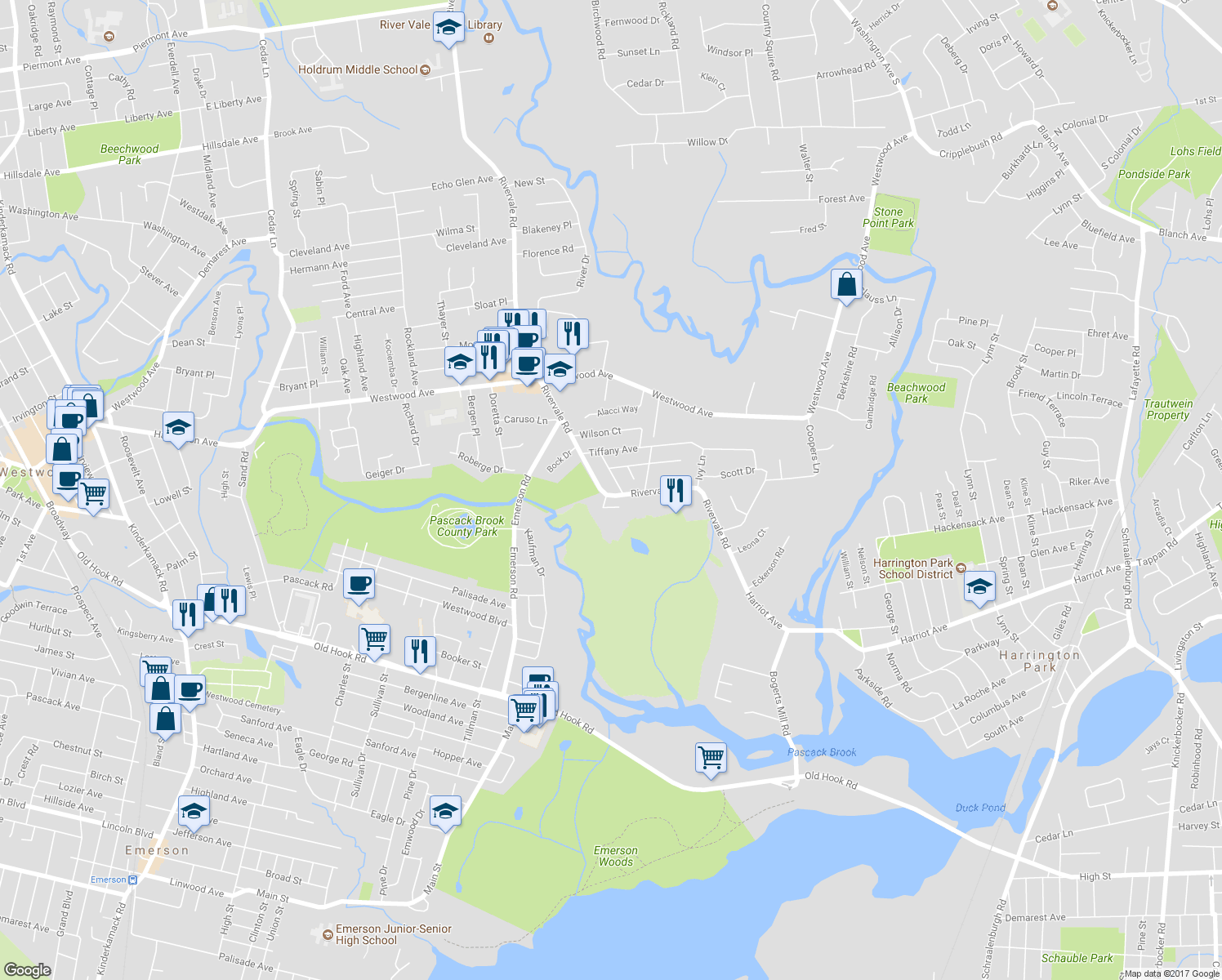 map of restaurants, bars, coffee shops, grocery stores, and more near 114 Rivervale Road in River Vale