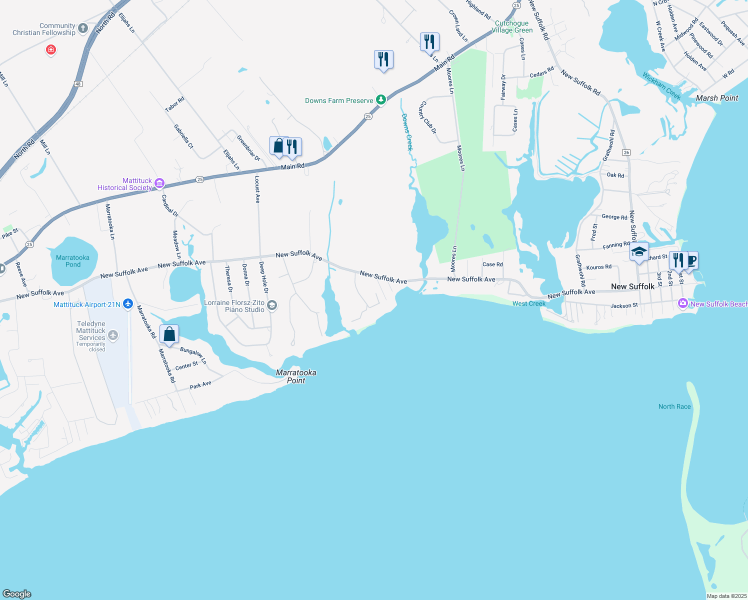 map of restaurants, bars, coffee shops, grocery stores, and more near 1045 Dean Drive in Cutchogue