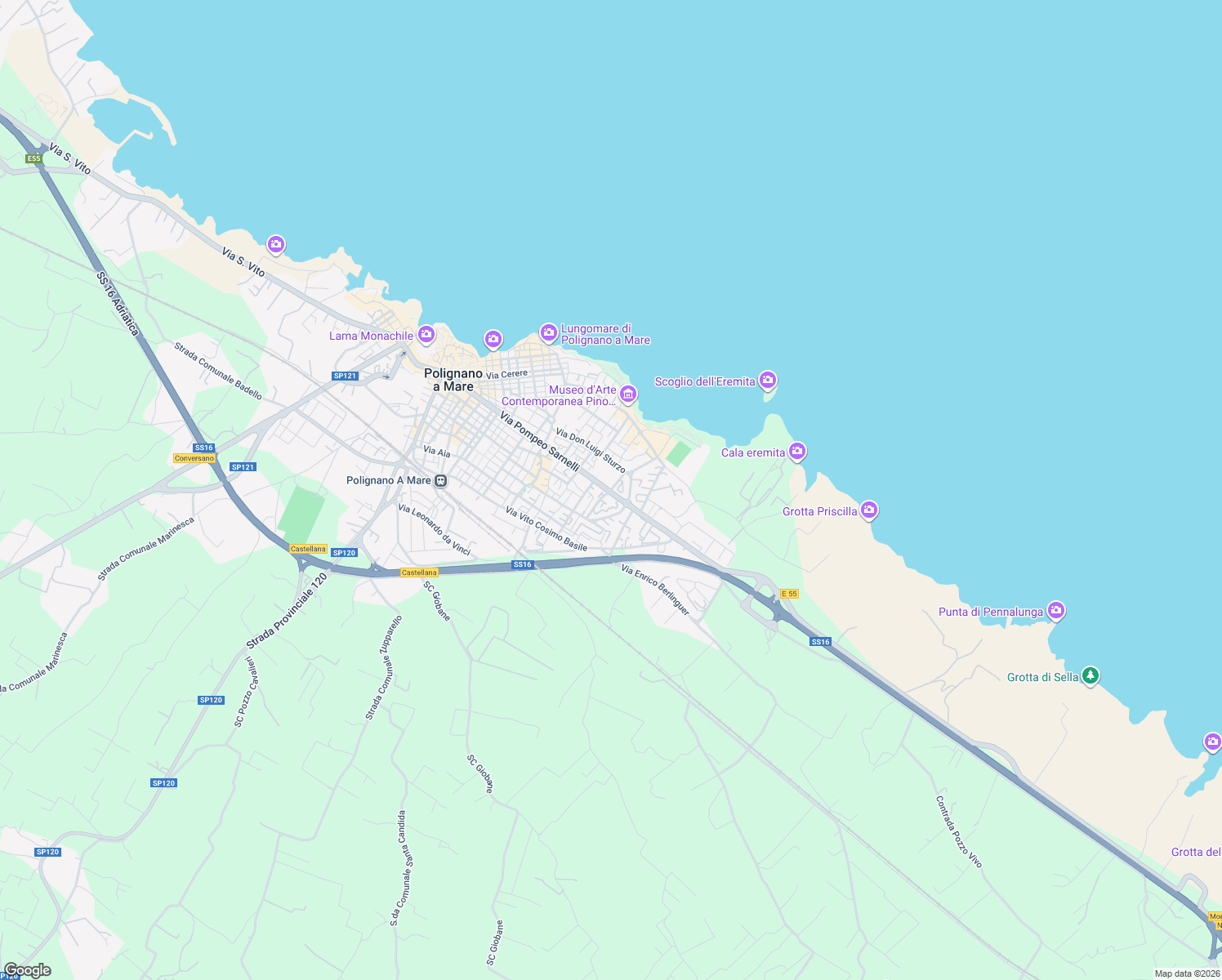 map of restaurants, bars, coffee shops, grocery stores, and more near 9 Via Pietro Nenni in Polignano a Mare